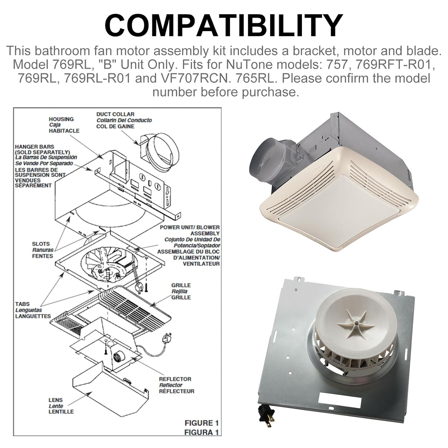 QQZ Bathroom Fan Replacement Parts S0504B000, for Nutone Motor Assembly 769RL, 769RL-R01, 769RFT-R01