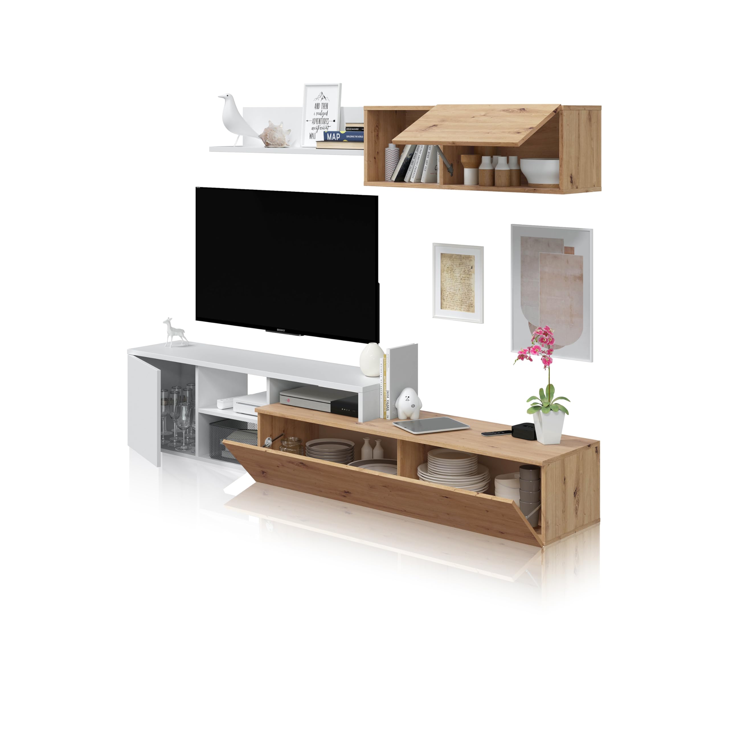 duehome | Conjunto de Salon Reversible, Mueble de Salon, Modulos de Comedor, Modelo Kate, Acabado en Roble Nodi y Blanco Artik, Medidas: 221 cm (Ancho) x 44 cm (Alto) 40 cm (Fondo)