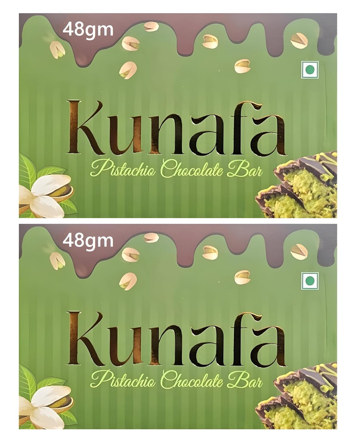 Kunafa Pistachios Chocolate Bar (Pack of 2) – A Delicious Fusion of Traditional Middle Eastern Dessert & Rich Chocolate, 48g x 2