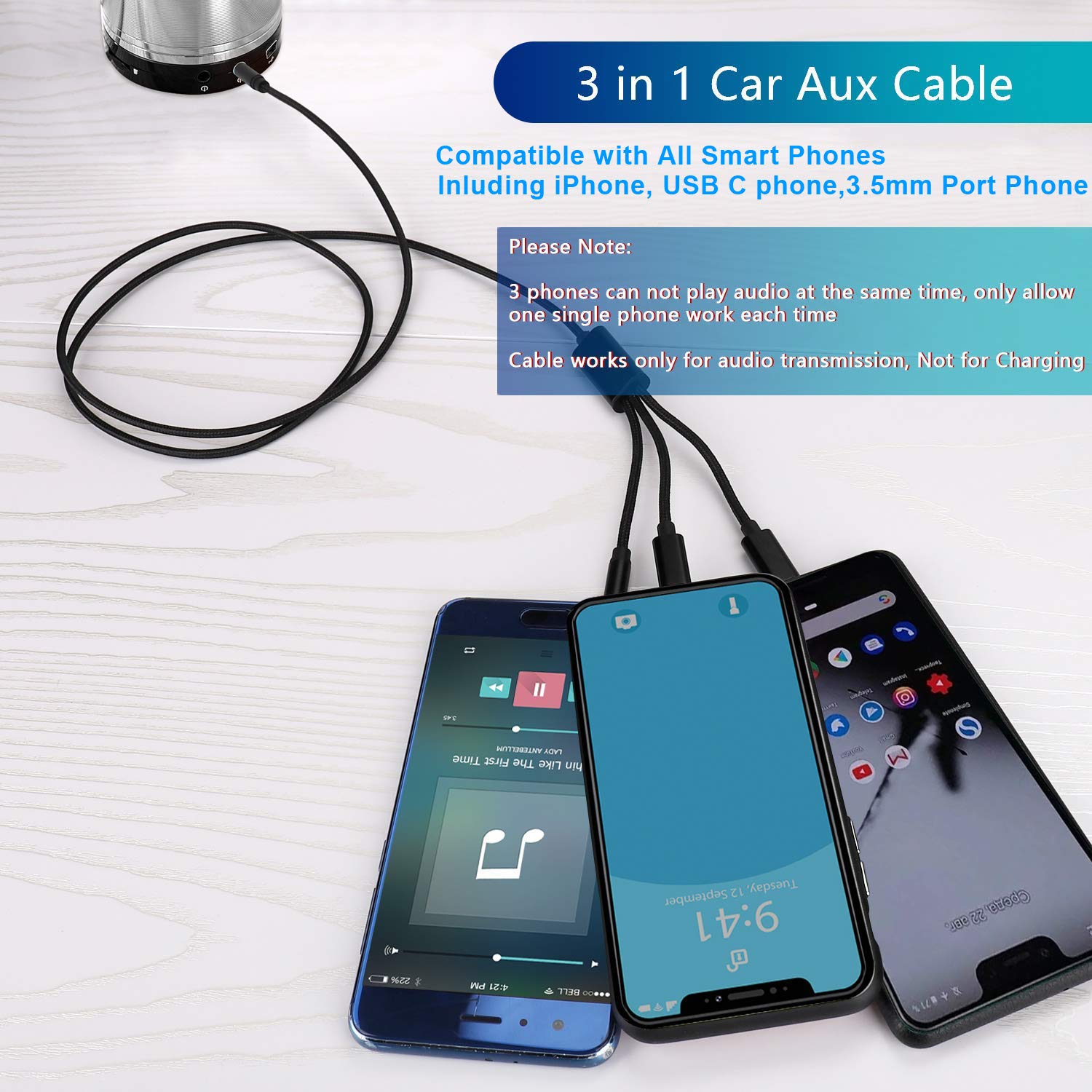 Cavo audio AUX 3 in 1 per iPhone [certificato Apple Mfi], da USB C a AUX da 3,5 mm, cavo Lightning a AUX da 3,5 mm, compatibile con iPhone 16, 15, 14, 13, 12, Pixel 9, 8, 7, Galaxy S24, S23, iPad