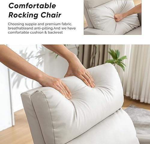 Miniatura 5 de Mecedora para guardería, sillas de enfermería de cuero con patas de madera y bolsillo lateral, cómoda silla mecedora para guardería, sala de estar,