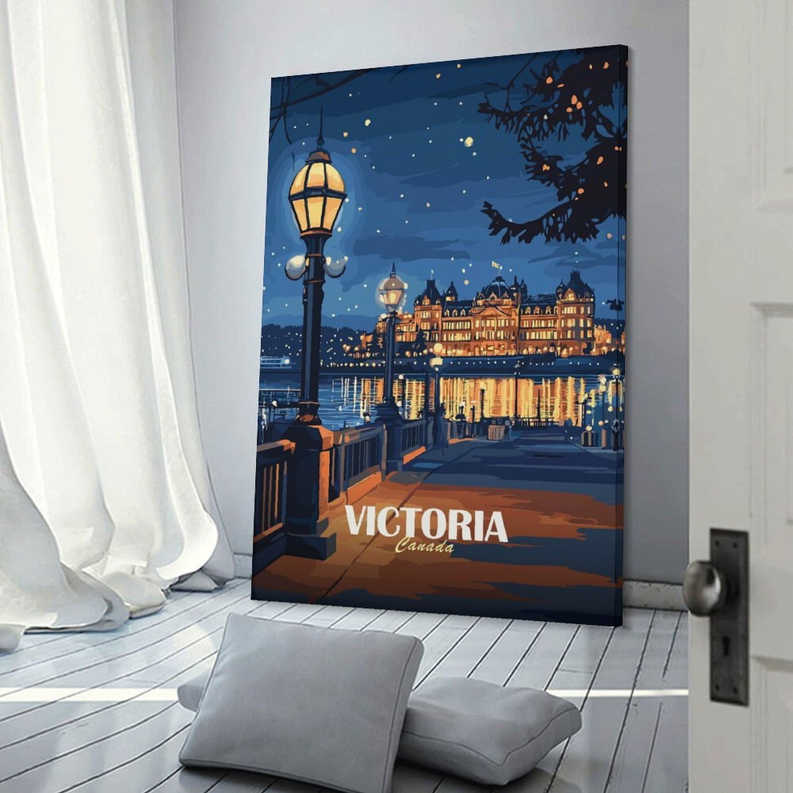 Junmoney Wall Art Print Victoria, Canada Nightscape Illustration, 12x18inch(30x45cm), for Bedrooms, Workspaces And Everyday Interiors, Stylish Home Artwork for Focal Walls