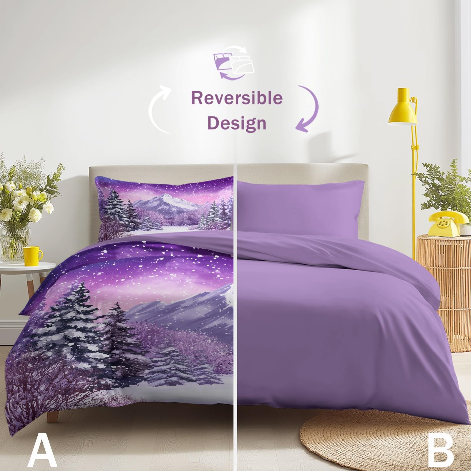Générique Zimowy krajobraz Góra Śnieg Poszwa na kołdrę Marzycielski Góry Drzewa Zestaw Pościeli Zestaw Pościeli Dzieci Dorośli 260 x 240 cm z poszewką na poduszkę Miękka Dekoracja Sypialni, Fioletowy