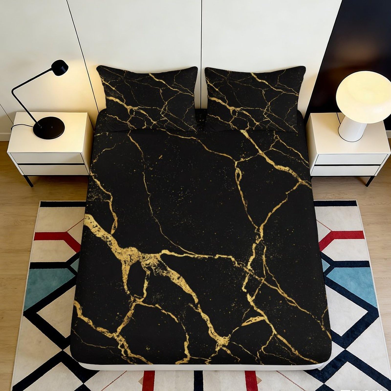 3D Printed Black Marble Fitted Sheet Microfiber Soft Breathable Gold Vein Mattress Cover for Bedroom Dorm Decor 160x200x25cm