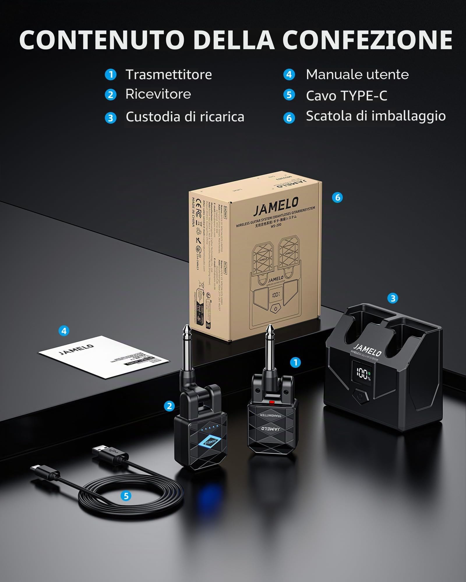 JAMELO Sistema per chitarra wireless con custodia di ricarica, ricevitore trasmettitore per chitarra, cavo jack per basso ricaricabile, 4 canali per chitarra e strumenti elettrici