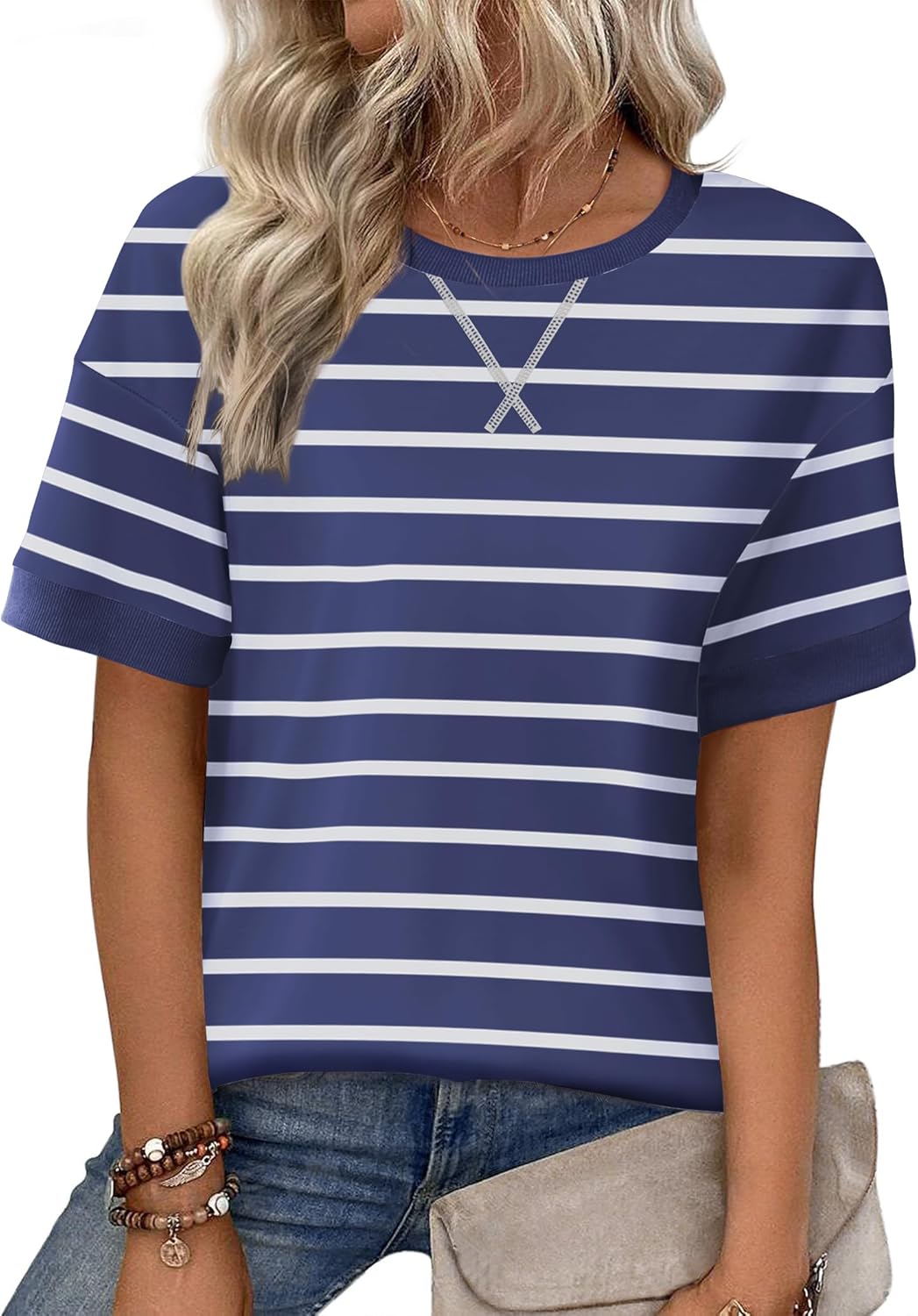 Zeagoo Womens Tops Casual Oversized Short Sleeve Sweatshirt Summer Striped Shirt Crewneck Pullover Loose T Shirts Blouse