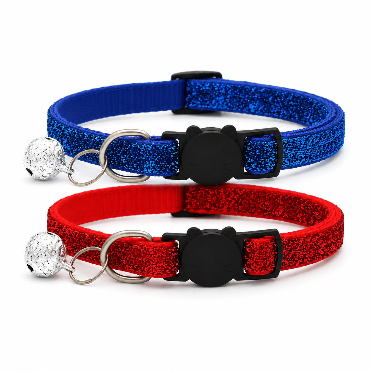 Glitter Cat and Kitten Collar with Bell and Safety Release Buckle, Adjustable 19-35cm Design, Pack of 2, Available in Red, Pink, Blue, Silver and Gold. (Ruby Red and Royal Blue)