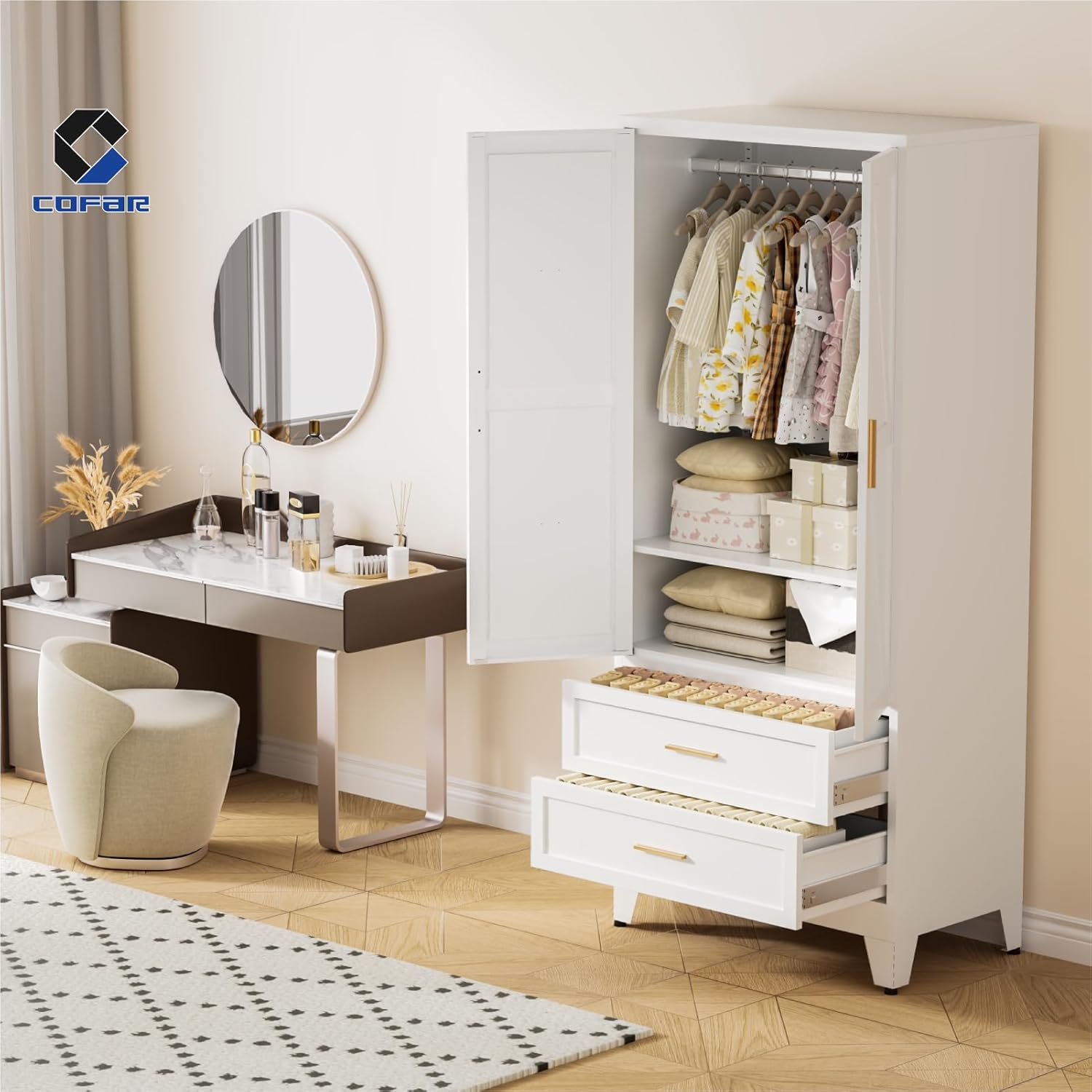 COFaR Metal Wardrobe Closet with Doors, 71'' Tall Farmhouse Bedroom Armoires with Drawers and Hanging Rod, Freestanding Steel Wardrobe Cabinet Coat Closet for Bedroom Home Office Garage, White