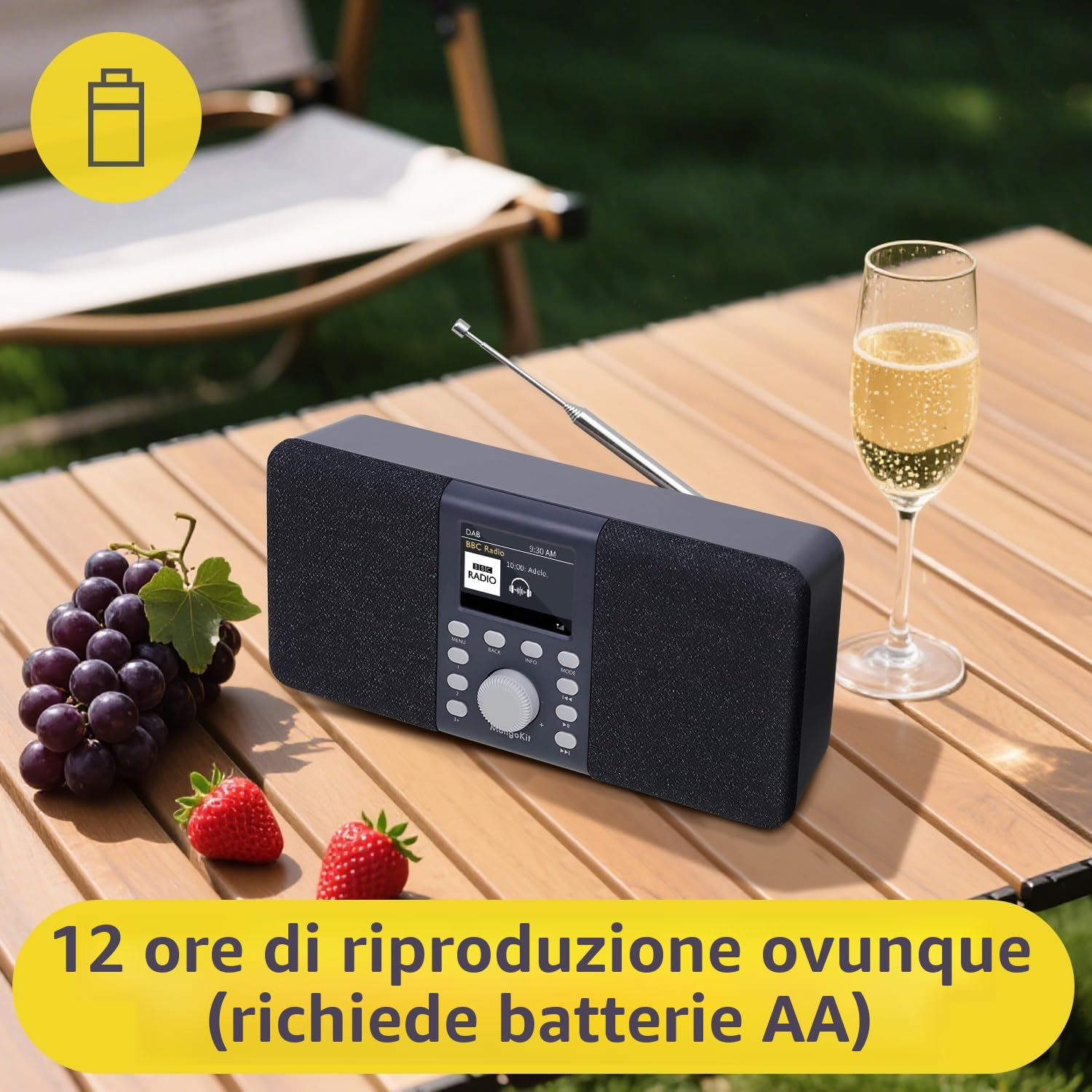 MD5 DAB stereo con altoparlante Bluetooth,digitale DAB+,radio FM da alimentata a rete e a batteria,display a colori,40stazioni preimpostate,sveglia e orologio,Snooze,porta cuffie-grigio scuro