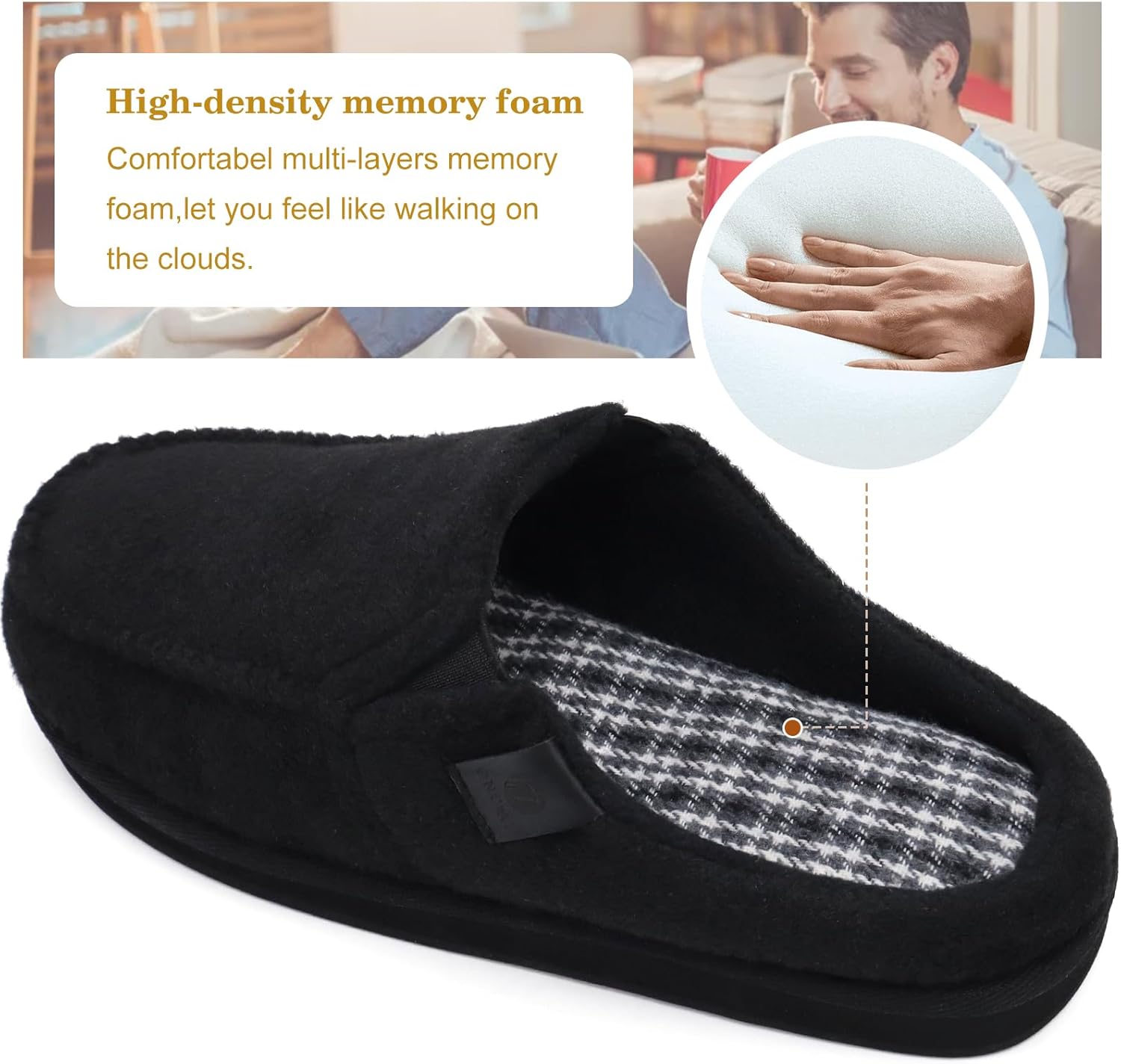 ONCAI Mens Slippers with Orthotic Arch Support,House Slippers Cotton-Blend High-Density Memory Foam Comfort Plantar Fasciitis Warm Slip-on Indoor Outdoor Rubber Sole Felt US Size 7-16