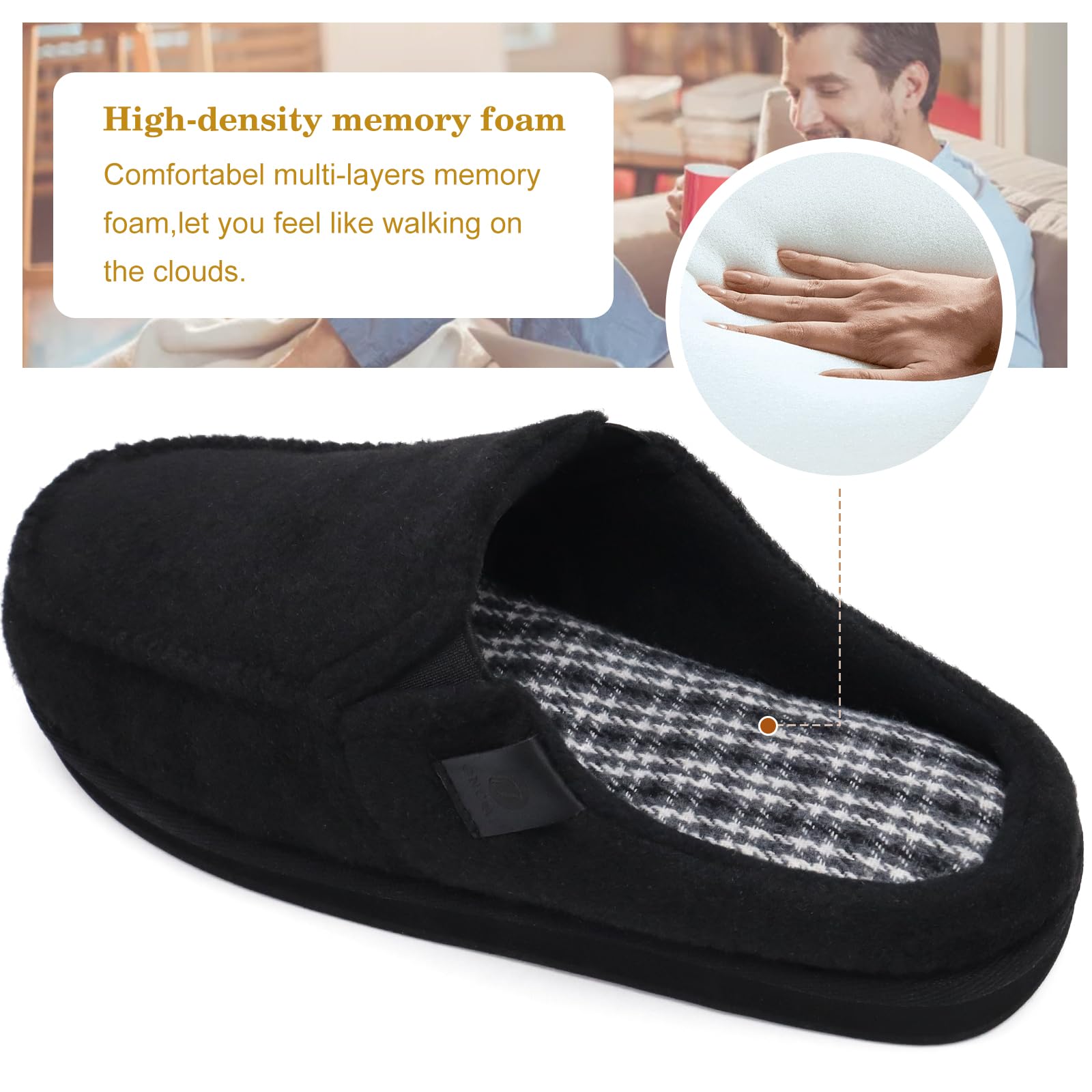 ONCAI Pantofole da Uomo in Comfort Pelo Cotone Strisce Ciabatte da Casa in Lana con Memory Foam Supporto Arco Suola in Gomma Taglia 40-50