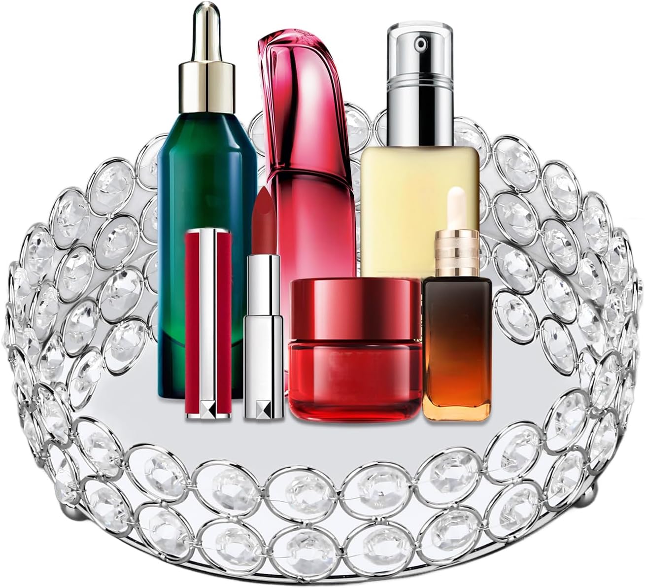 Mirrored Jewelry Organizer Tray - 8 Inch Round Decorative Vanity Tray for Makeup, Perfume & Trinket Storage - Crystal Home Decor Display Plate(Silver)