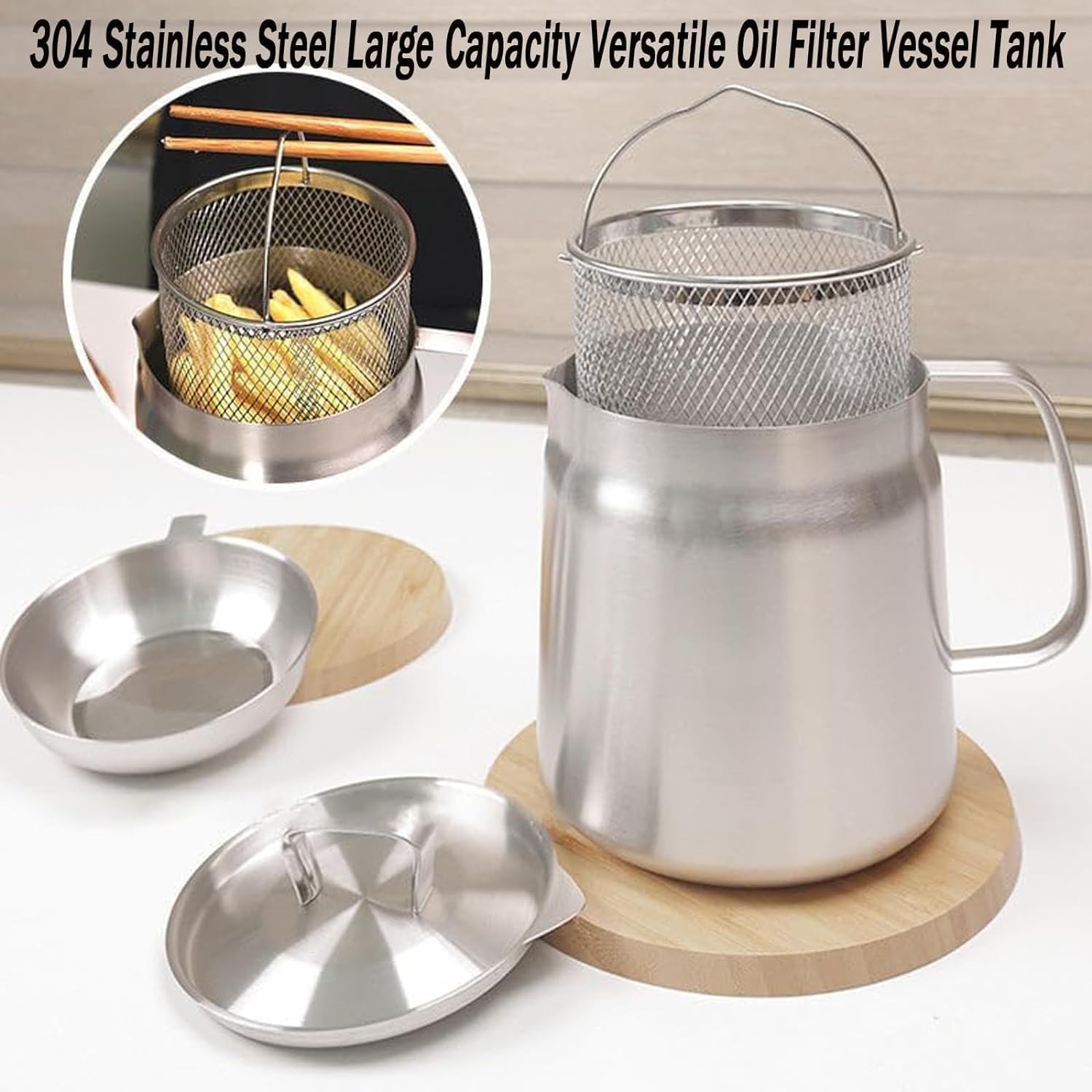 Stainless Steel Fryer,304 Stainless Steel Large Capacity Multifunctional Oil Filter Tank, Kitchen Fryer with Filter, Perfect for Cooking French Fries in the Kitchen (1.5L), silver, FS646