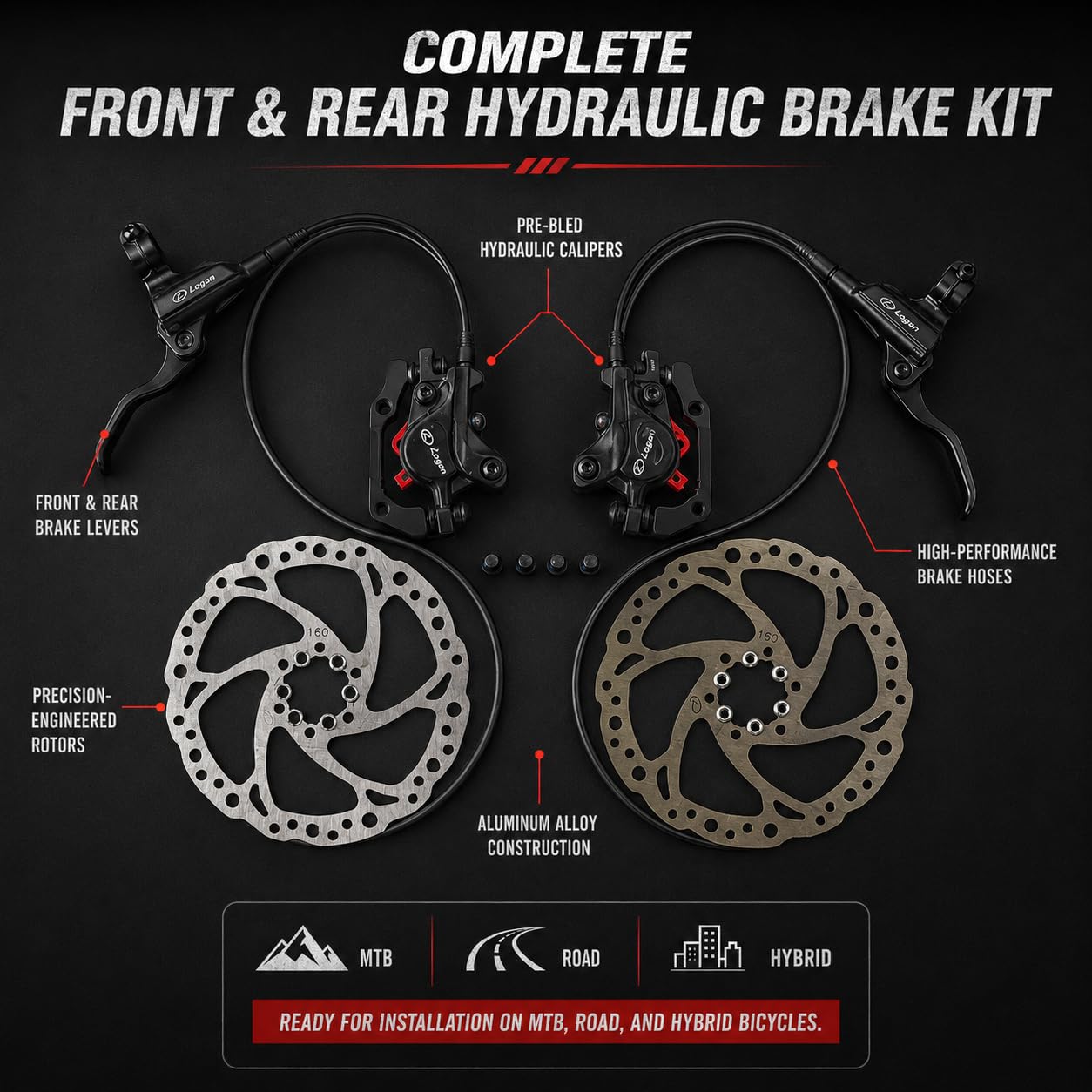 Logan Bicycle Hydraulic Disc Brake Set Front and Rear - Pre-Bled Calipers with Rotors, Brake Levers & Hoses | Aluminum Alloy Material | Compatible with MTB, Road & Hybrid Cycles 2