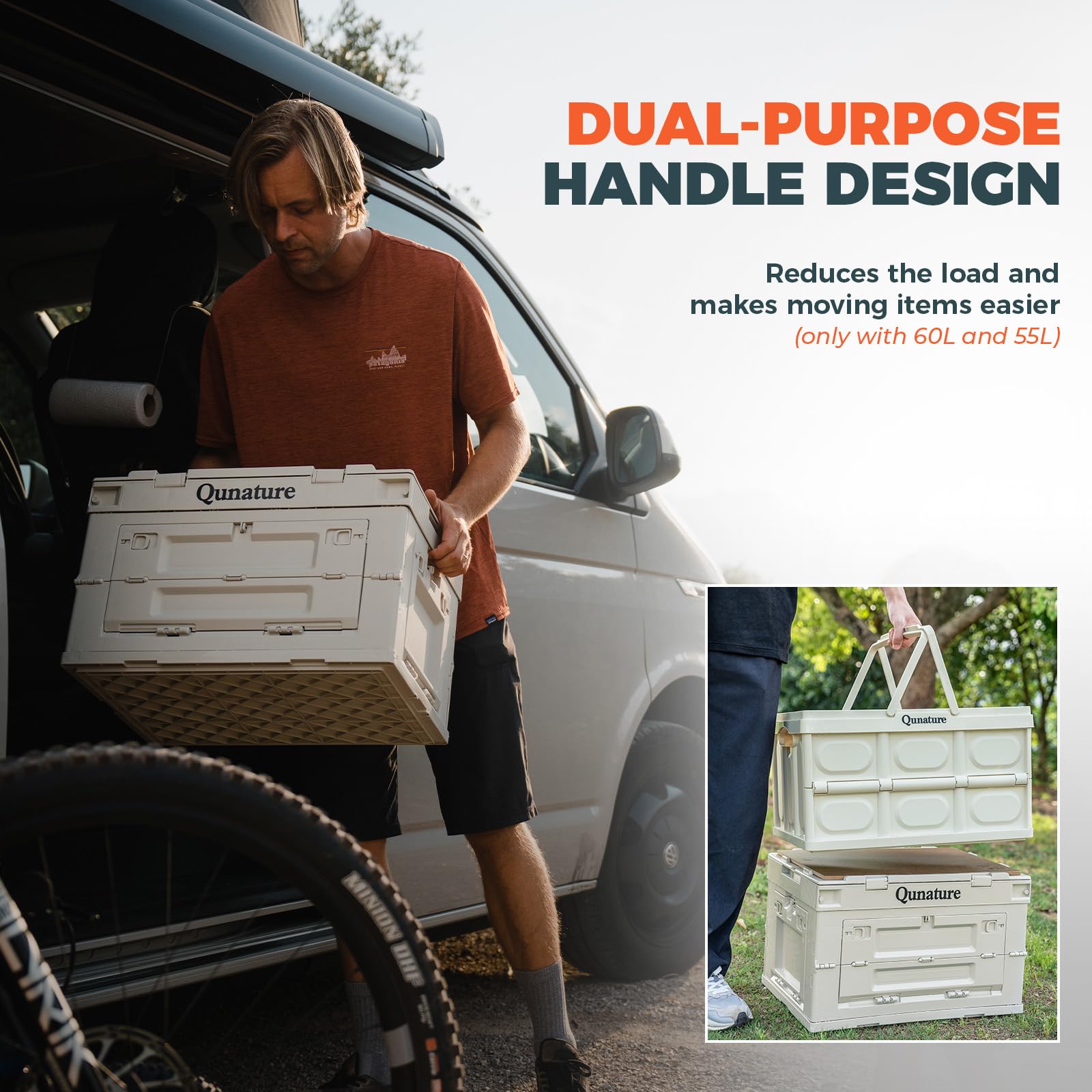 Scatola Portaoggetti da Campeggio 55L Pieghevole e Impilabile | Con Copertura in Legno, con Manico, Grande Contenitore Portatile in PP, Organizer per Bagagliaio Auto, Armadio, Casa, Picnic