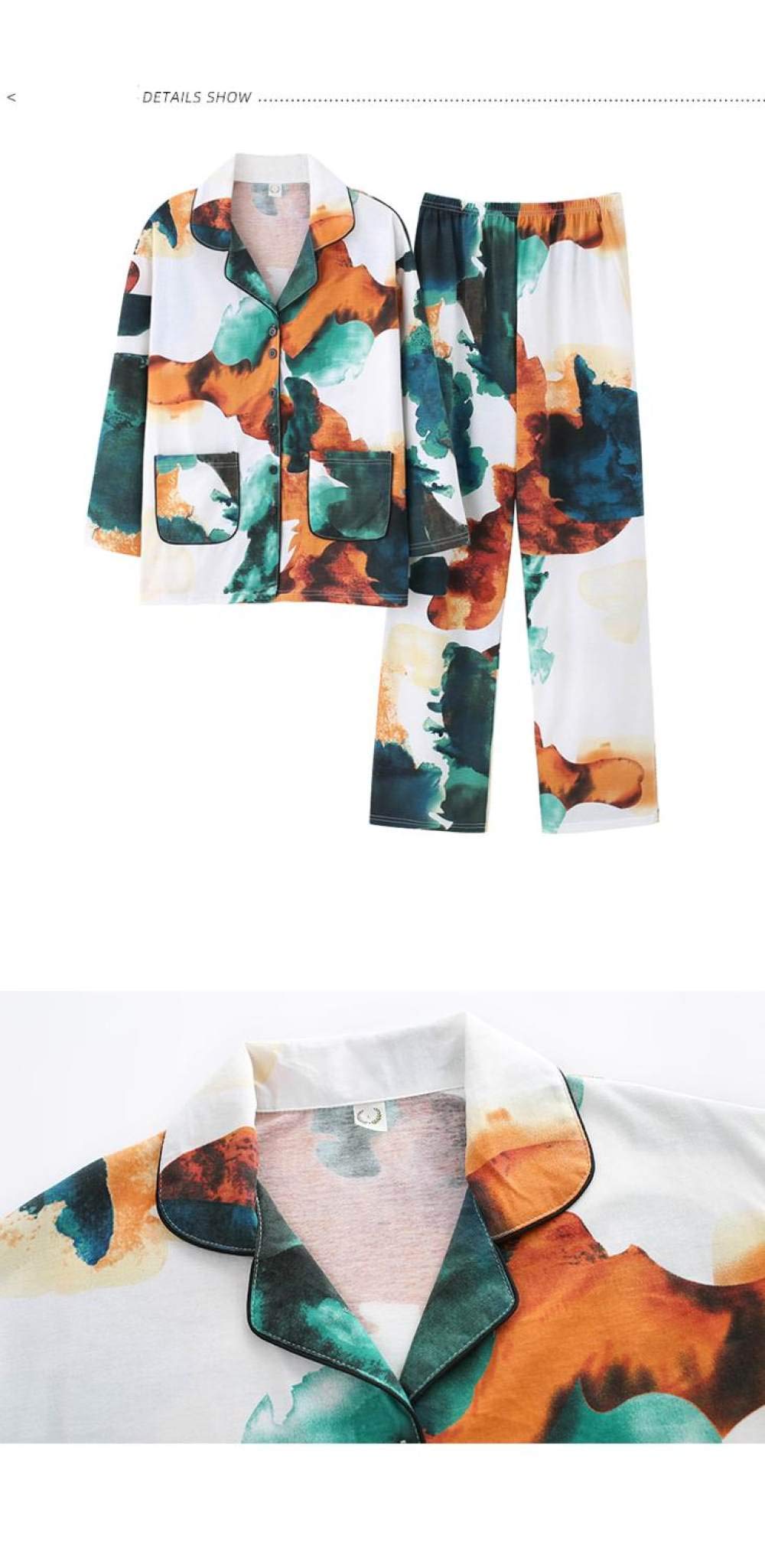 Conjunto De Pijamas De Mujer,Otoño Invierno Conjunto De Pijama De Algodón Con Bolsillos Ropa De Dormir Conjuntos De Salón Coloridos Tops De Manga Larga Y Bottom Pjs Set Nightwear Loungewear,Azul,Xl