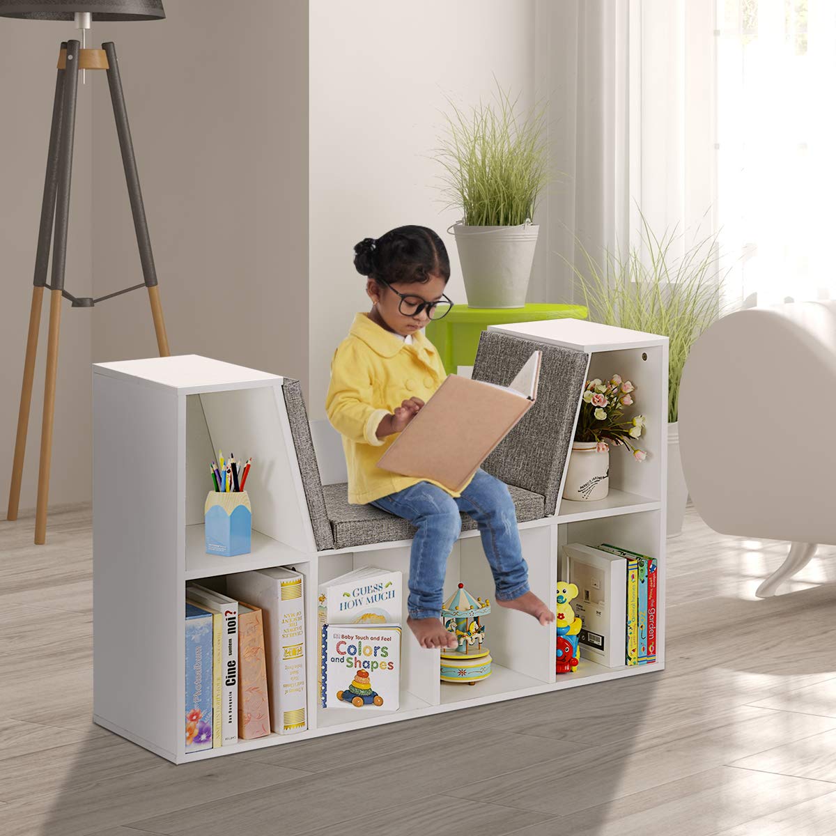 GYMAX Mobiletti per Bambini, Scaffale Libreria in Legno, Seduta con Cuscino, Carico 80 kg, Bianco, 102,5 x 30 x 63,5 cm