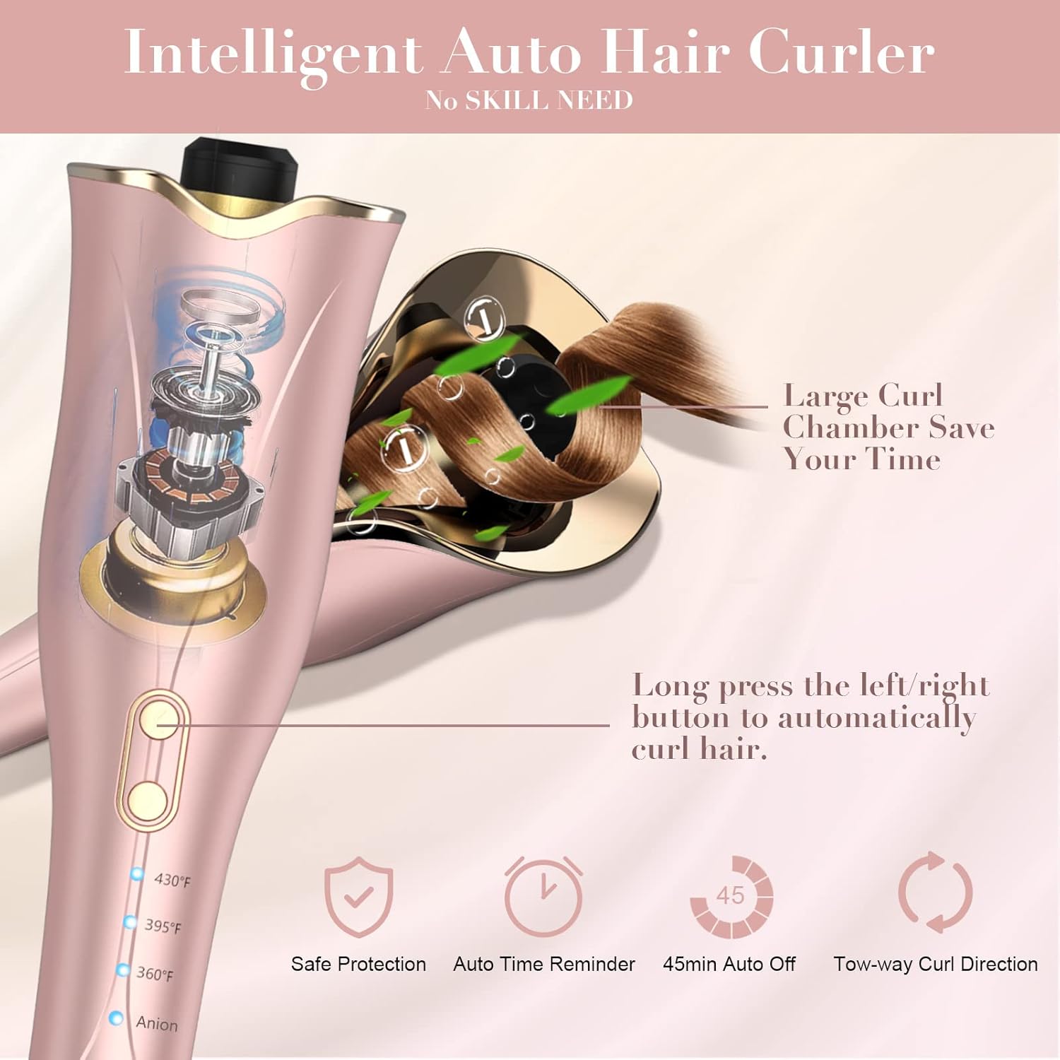 Automatic Curling Iron, Smart Anti-Tangle Curling Iron 1 inch with Auto Shut-Off, Automatic Hair Curler with 3 Temps Up to 430℉, Fast-Heating Rotating Curling Iron with Dual Voltage for Hair Styling