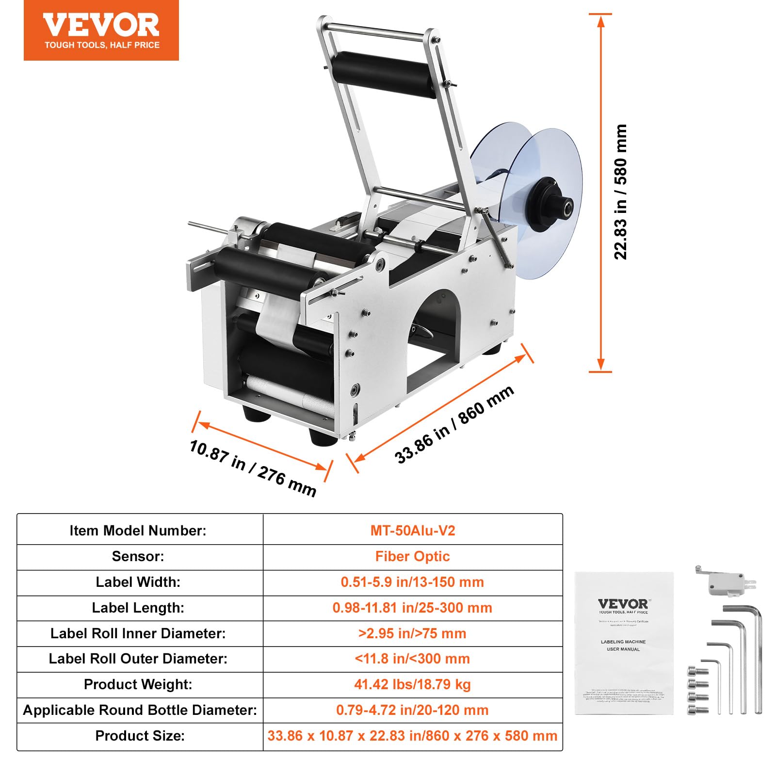 VEVOR Etichettatrice Semiautomatica per Bottiglia Rotonda, 20-50Pezzi/min, Applicatore di Etichette, Etichettatrice Regolabile Adatta per Bottiglie Larghezza Etichetta tra 13-150mm Lunghezza 25-300mm
