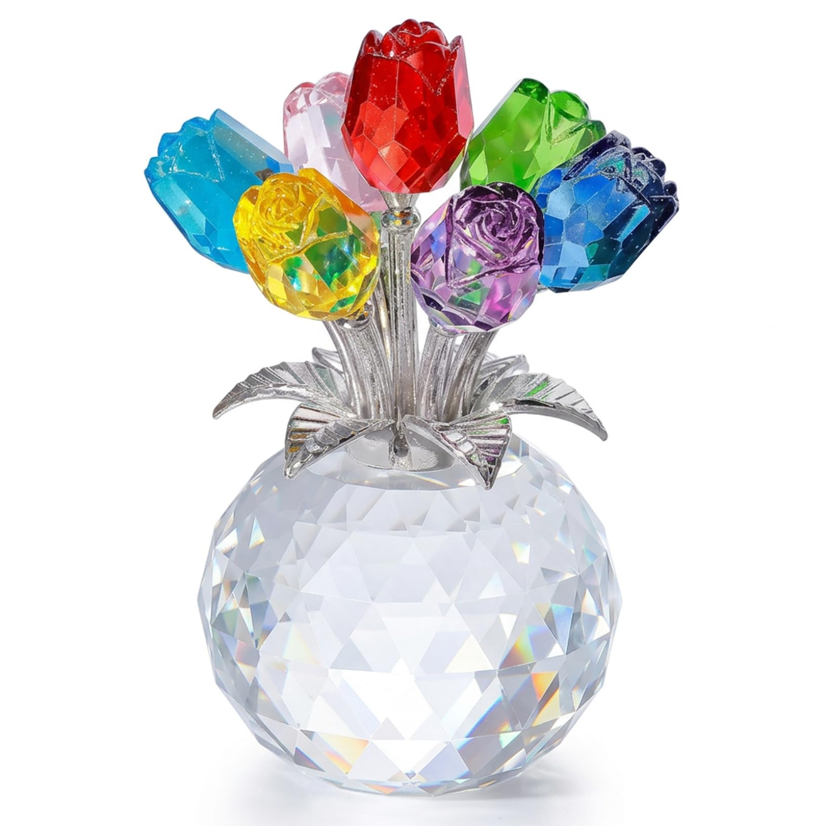 Monwssoe Statues, Crystal Rose Colorful Crystal Flowers in Vase Realistic Collectible Figurine for Women Mother's Day Valentine's Anniversary 3.9x2.8 Inch