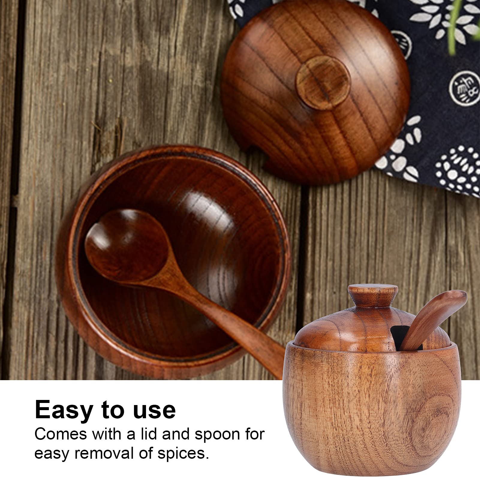 Lot De 2 Pots à épices En Bois Avec Couvercle Et Cuillère - 6x9 Cm - Style Japonais Pour Sel, Sucre, Poivre, Herbes
