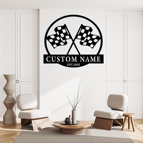 Miniatura 4 de Letrero de metal personalizado con bandera de carreras a cuadros, arte de pared de metal personalizado, letrero de nombre con monograma de bandera a