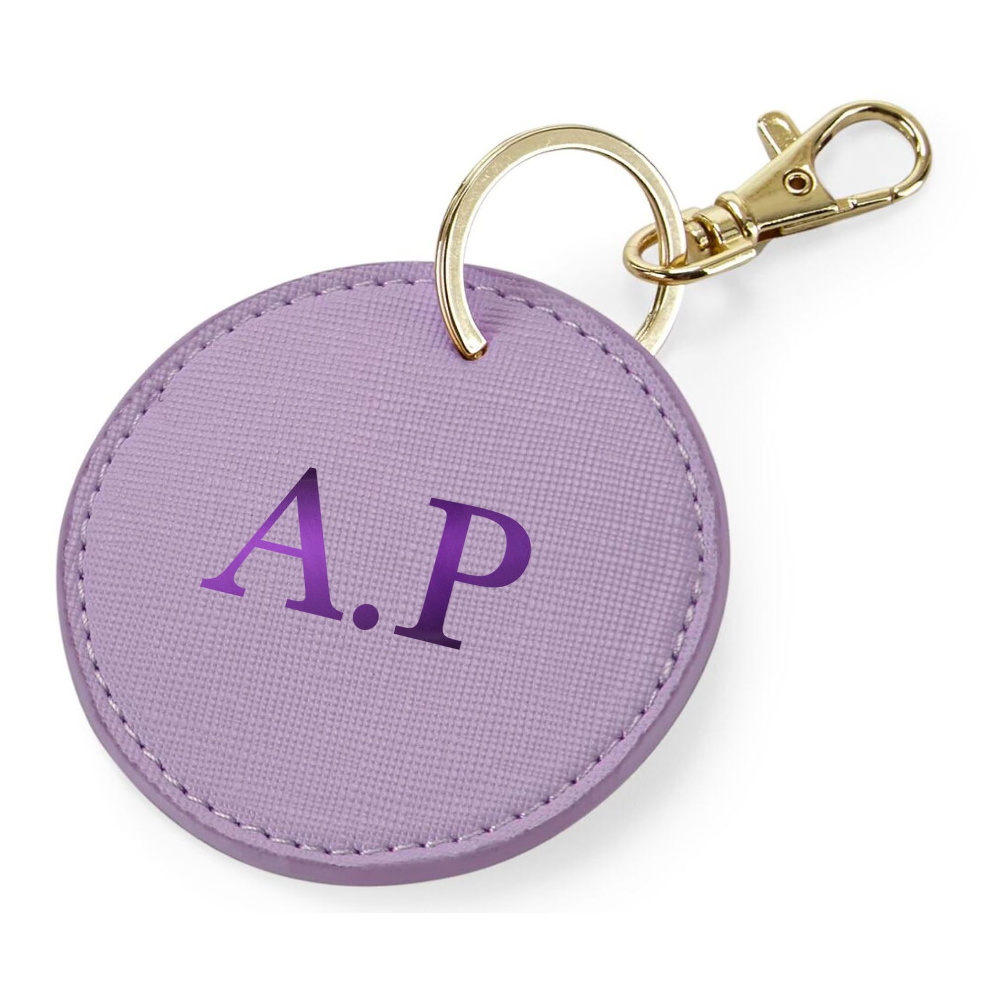 Ebuygb Women's Lilac Personalised Round Initial Keyring, Bag Tag Pu Leather Keychain, Monogram Key Ring, Luggage Tags, Party Bag Filler, Bridesmaid Gifts (Lilac)