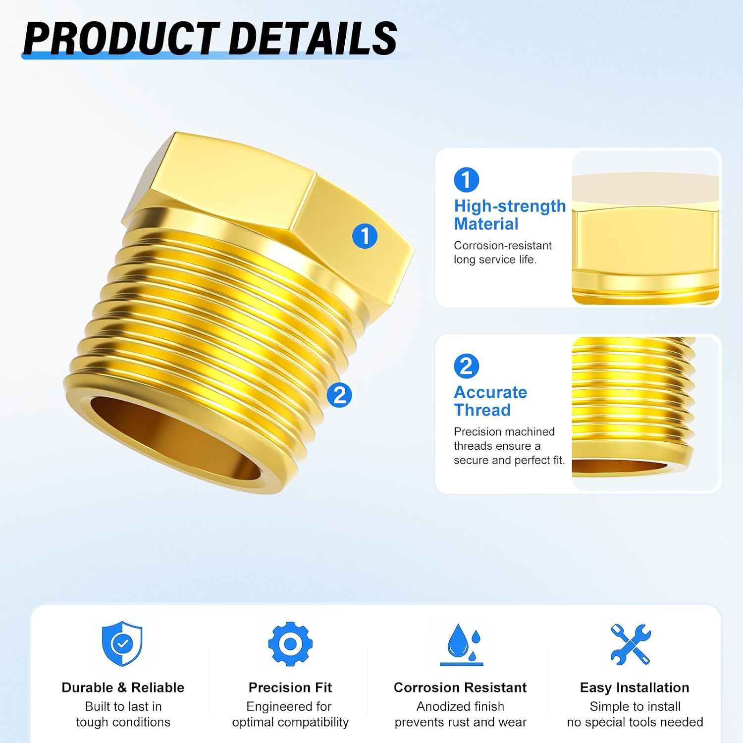 TAILONZ 12PCS 1/8" NPT Brass Hex Head Male Pipe Plug | Idle Pipeline End Sealing Fitting, Solid Brass Hex Nut Cap for Pneumatic Air Lines