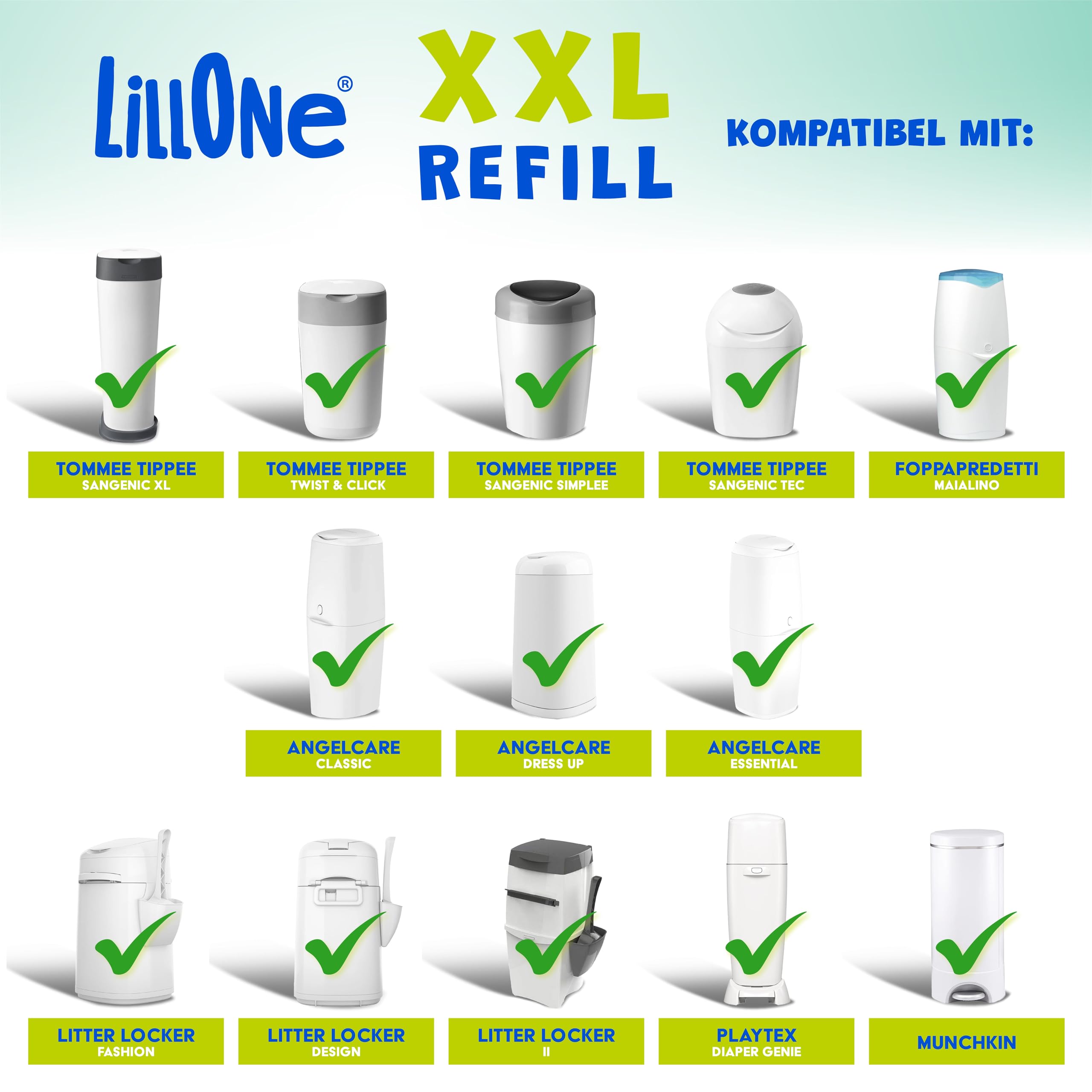 LillOne 12 XXL-Nachfüllungen Extra Lang 10,5 m für Windeleimer – Universell kompatibel mit Tommee Tippee, Munchkin, Angelcare, LitterLocker und anderen – Dickere Folie mit Geruchskontrolle
