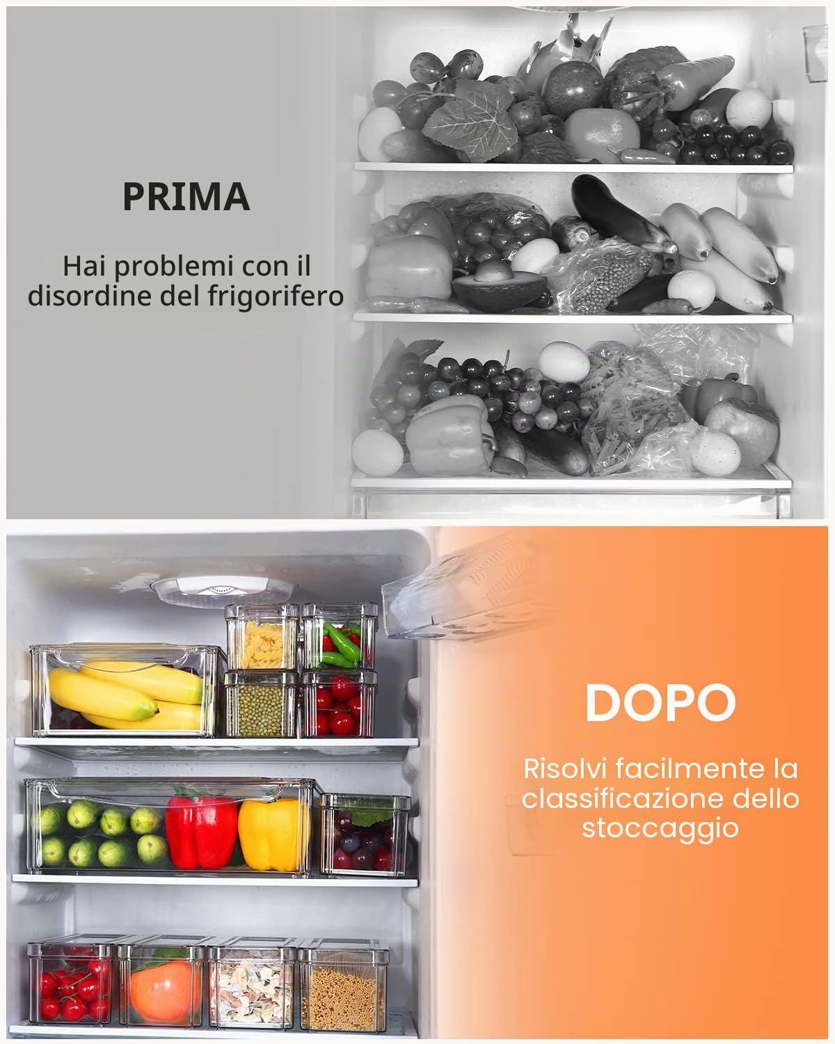 Set di 10 contenitori trasparenti per frigorifero, impilabili per cucina, in plastica con maniglia, salvaspazio, adatti per frigorifero, cucina, camera da letto, soggiorno, senza BPA