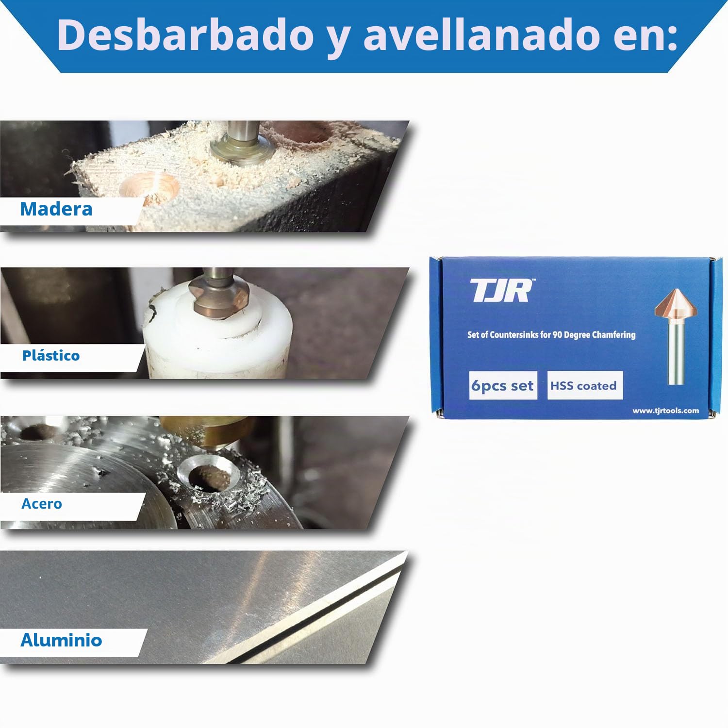 TJR® Avellanador 90° juego de 6 piezas 6,3mm, 8,3mm, 10,4mm, 12,4mm, 16,5mm, 20,5mm HSS (4241) revestido, para biselar Juego de puntas para herramientas para acero, aluminio, latón, madera y plástico