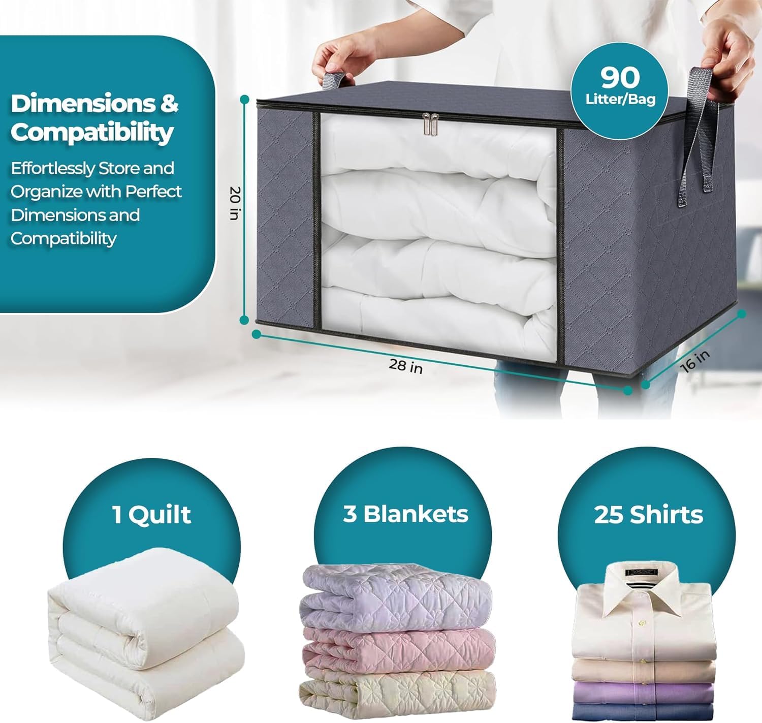 90L Large Storage Bags for Clothes,Blanket and Comforter, 6 Pack Foldable Clothes Storage Bins for Closet Organizer, Storage Containers with Handle, Storage Box pack of 6