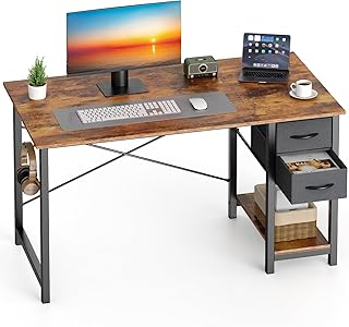 Sweetcrispy 40 Inch Computer Desk with Drawers for Home Office, Writing Desk with X-Shaped Reinforcement, Wood Table with Adjustable Position Drawers, Modern Study Work Table with Side Hook, Rust