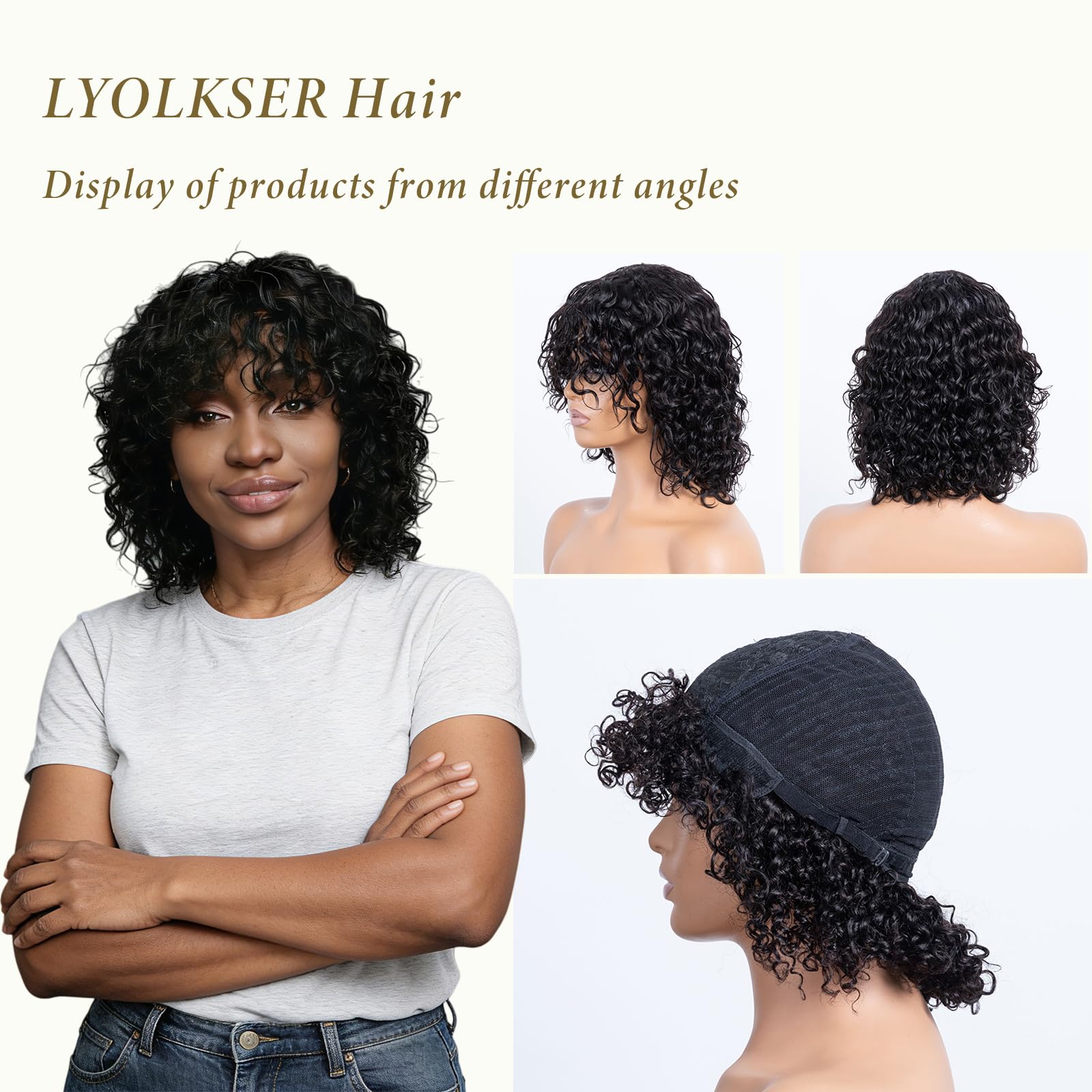 Amazon.com : LYOLKSER glueless human hair wig short water  display picture 2