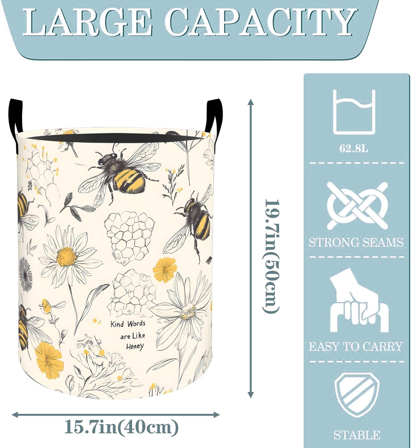 Bee Daisy Floral with Honeycomb Laundry Basket, Dirty Collapsible Clothes Toy Organizer Hamper for Kids Adults, Oxford Cloth Waterproof Storage Bin for Bedroom Bathroom Decor Gifts, 19.7"X15.7"