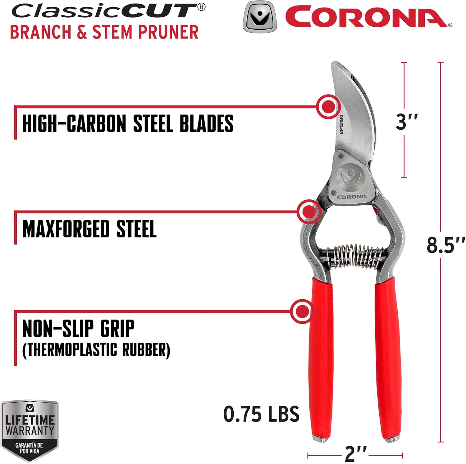 Corona Tools Forged Steel ClassicCUT Bypass Hand Pruner – 1-Inch Cut Capacity Garden Pruning Shears for Stems & Branches, Heavy-Duty Bypass Pruners for Tree, Shrub & Plant Trimming