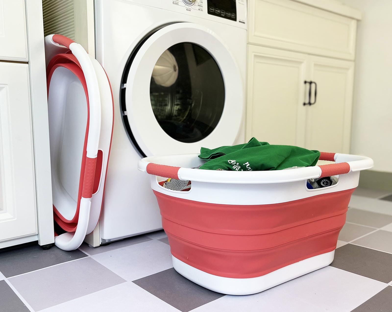 SAMMART Cesto portabiancheria pieghevole in plastica, 40 l, contenitore pieghevole, vasca portatile salvaspazio (1, bianco/rosa corallo)