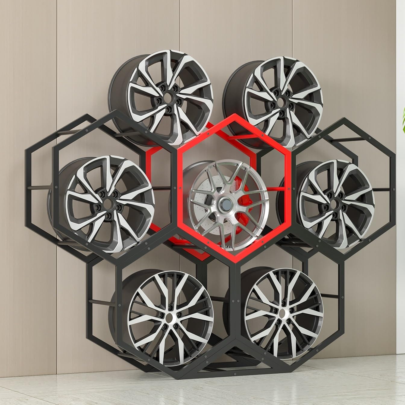 CGCSYZ Rims Tire Rack for Garage, Hexagon Display Rack, Steel Spare Tyre Organizer, Wheel Organizer Holder (C)