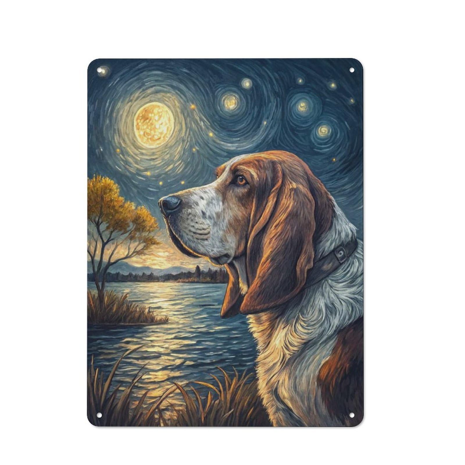 Junmoney Style-11 Metal Wall Sign 40X30cm Featuring Basset Hound Under A Starry Night Sky For Living Room Wall, For Feature Wall Decorators