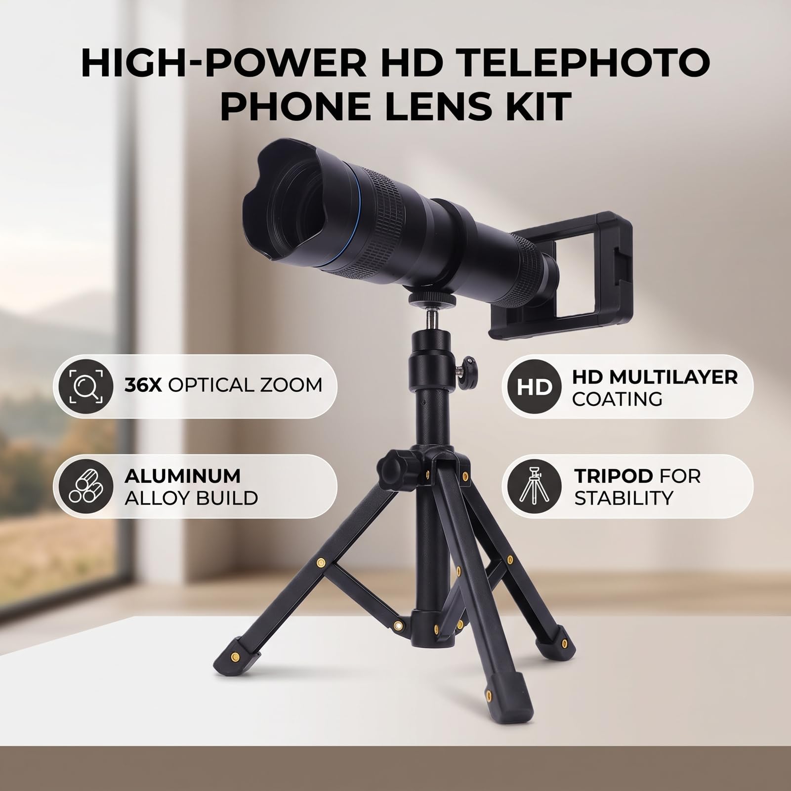 Sxhlseller Teleobiettivo per Telefono Zoom Ottico 36X HD con Treppiede