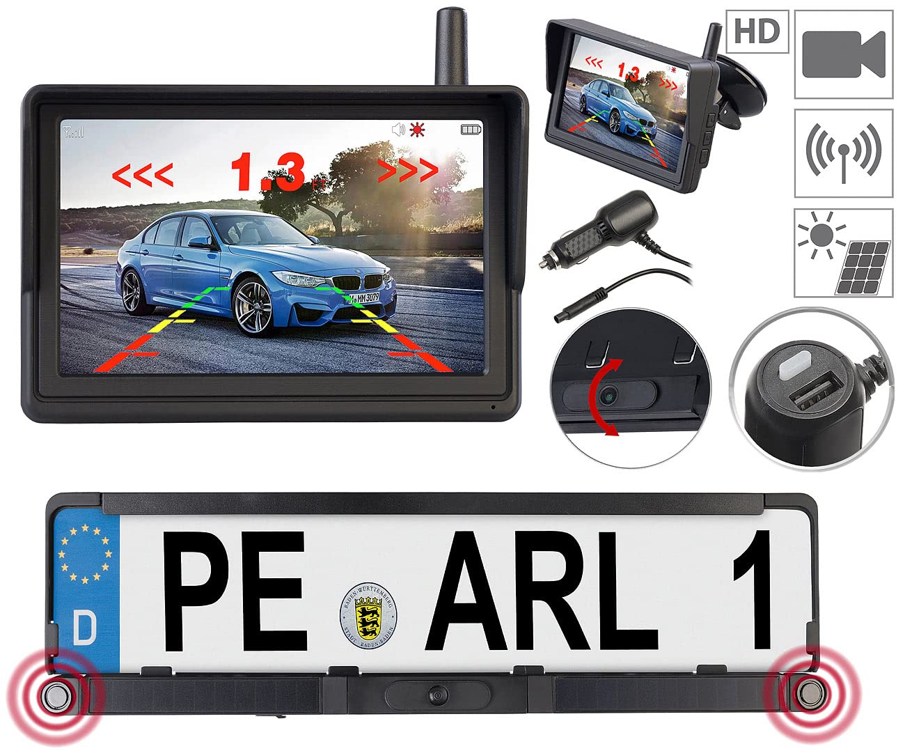 Lescars Rückfahrkamera: Solar-Funk-HD-Rückfahrcam Nummernschildhalter, Monitor, Abstandswarner (Rückfahrkamera nachrüsten, Nummernschild Solar, Auto)