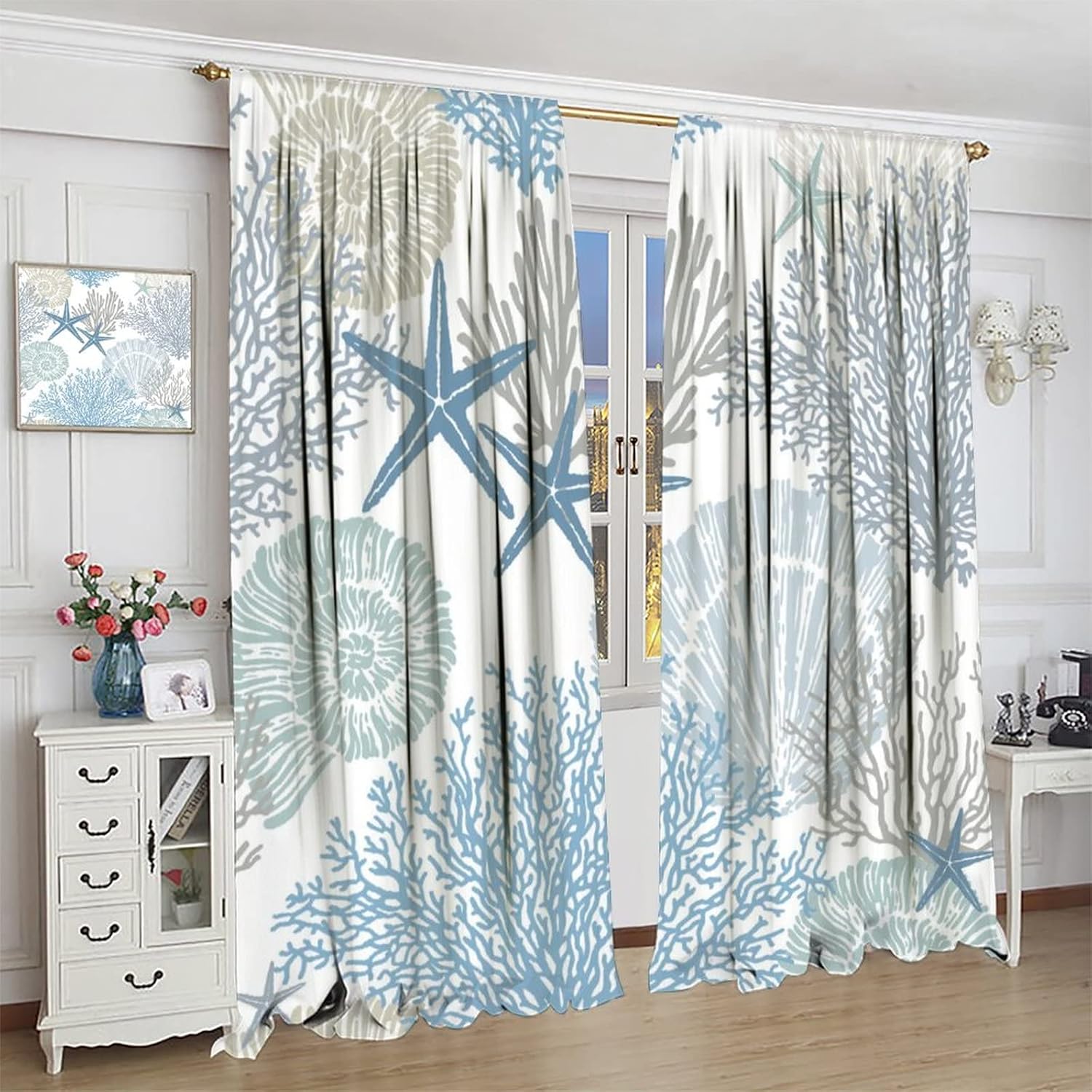 Abstract Nautical Coastal Blackout Curtains,Watercolor Beach Ocean Theme Starfish Seashell Coral Window Curtains Rod Pocket Thermal Insulated Room Darkening Blackout Curtains 2 Panels 63L x 36W