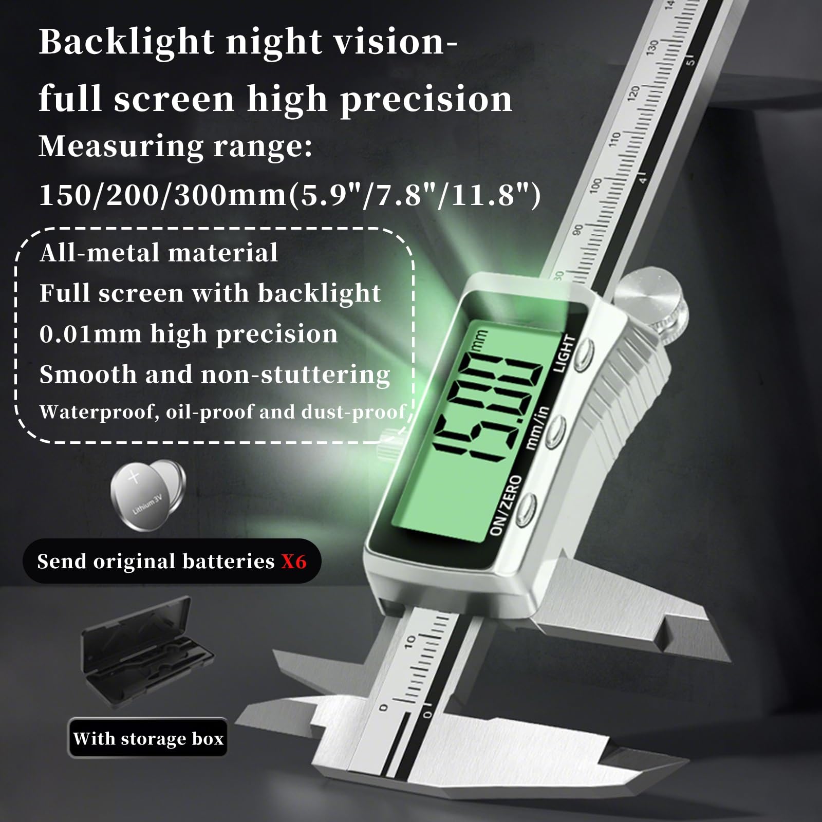 FORRTY Calibrador Digital 0,01mm Alta Precisión Acero Inoxidable IP54 Resistente Al Agua Y Polvo Pantalla Retroiluminada Herramienta De Medición Electrónica for Joyería, Bricolaje, Industria(200mm)