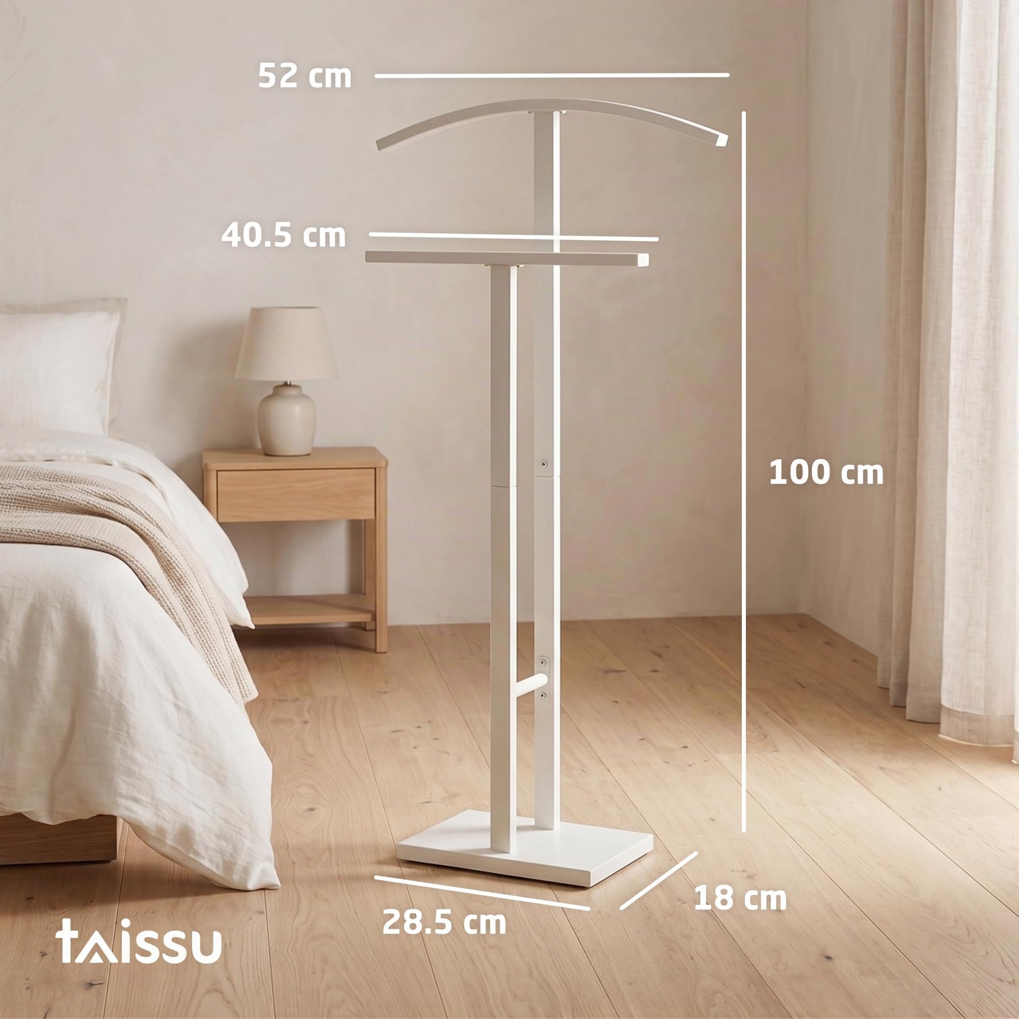 Valet de chambre Mod. ADAK - Couleur Blanc Mat - Avec Penderie Supérieure et Barre pour Pantalons - 52 x 18 x 100 cm - Acier avec Base en Béton - Porte-vêtements