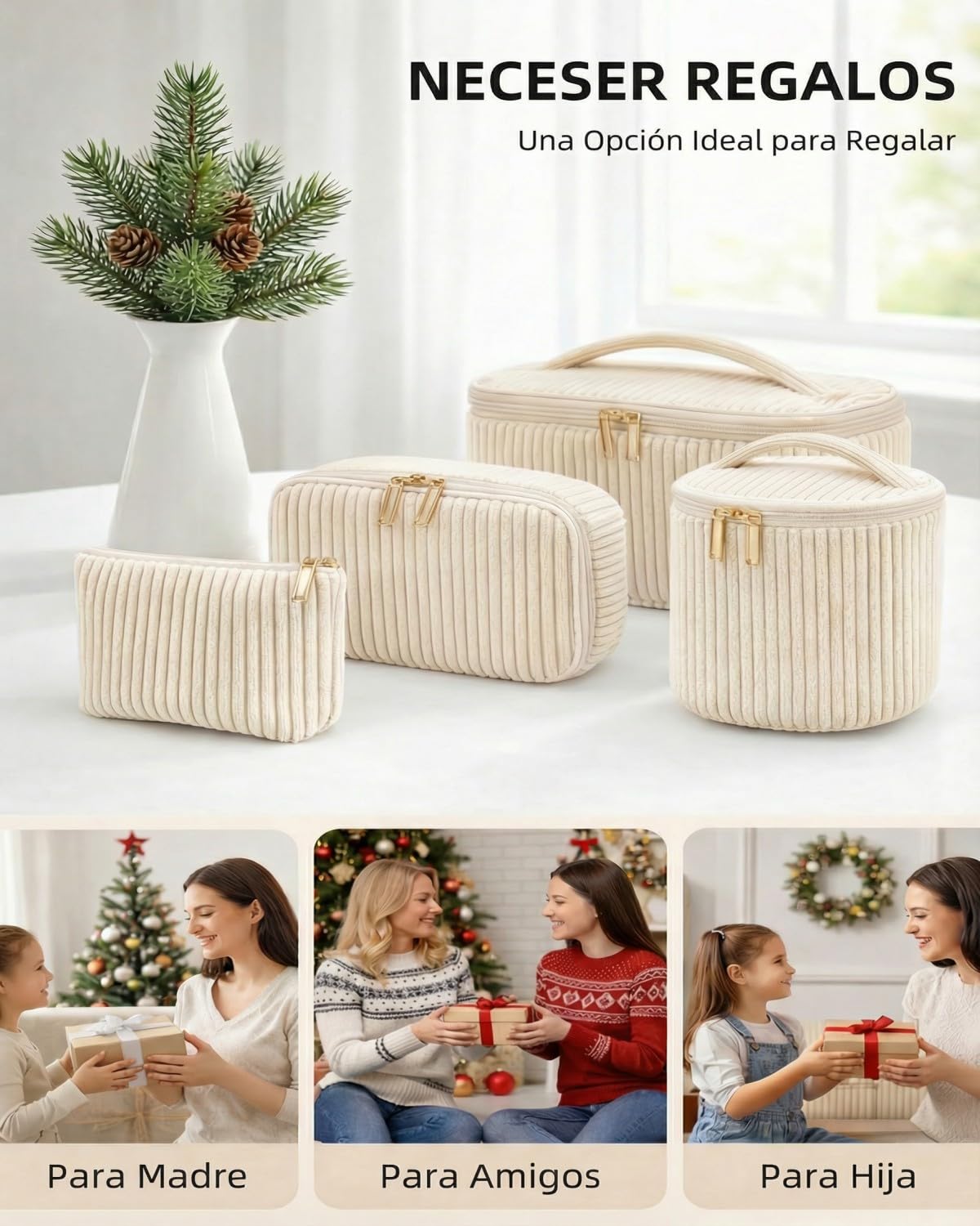 Set de 4 Neceseres Maquillaje Mujer de Nailon con Asa, Estuche Cosméticos Grande Mediano Pequeño Mini, Organizador de Viaje y Uso Diario, Beige