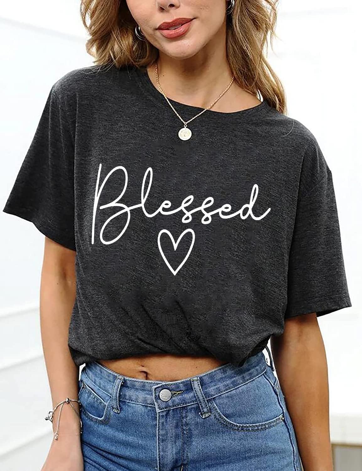 Blessed T-Shirt for Women Cute Heart Graphic Letter Print Sayings Shirts Casual Short Sleeve Thankful Tee Tops - Image 6