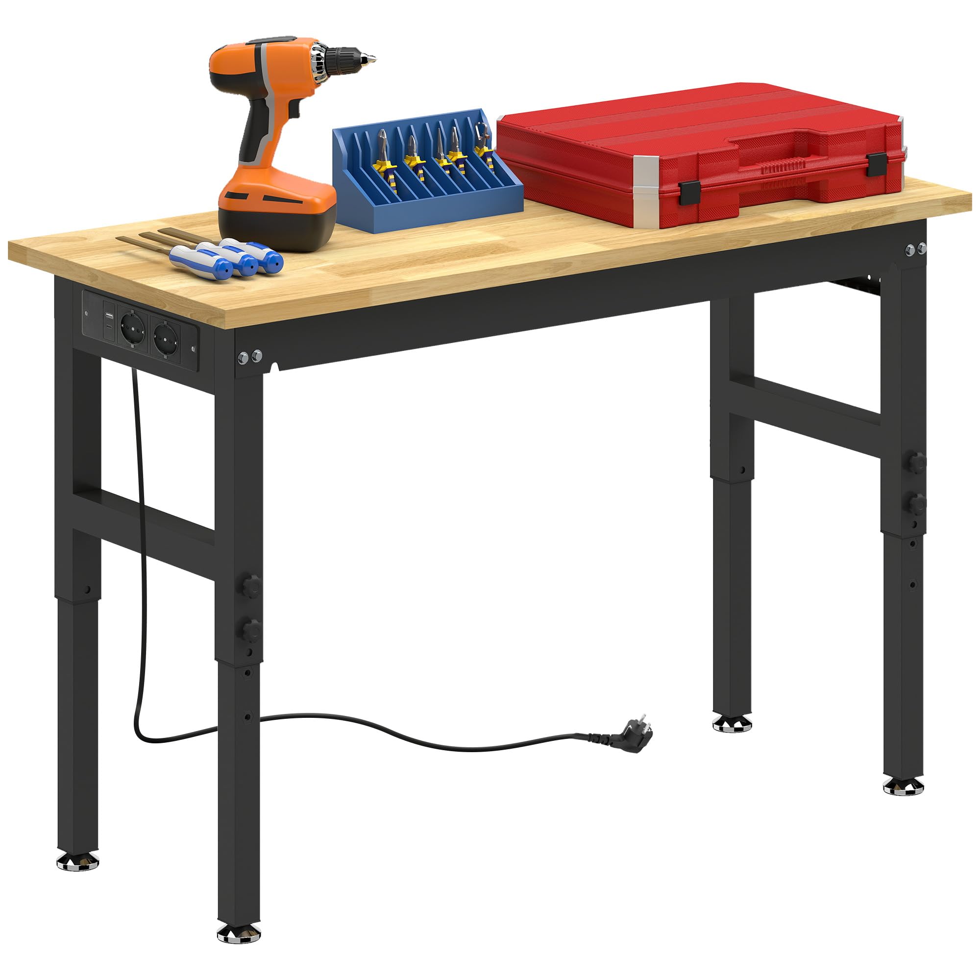 HOMCOM Banco da Lavoro Garage in Legno di Caucciù, Tavolo da Lavoro 5 Altezza Regolabile 84-99 cm, Pannello Forato, 2 Prese AC, Porta USB e Type-C, Capacità 900 kg, per Officina e Casa, 122x51x99 cm