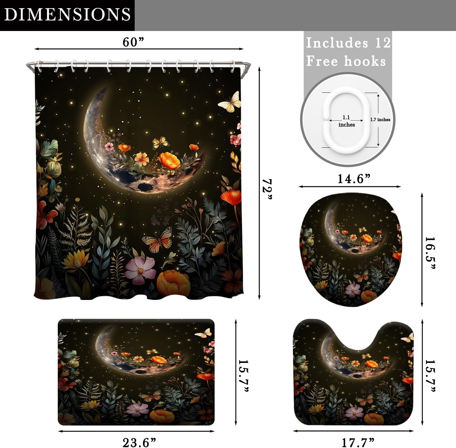 Moon Shower Curtain Sets 4PC Witchy Witch Black Dark Gothic Goth Floral Flower Moody Celestial Galaxy Plant Botanical Bathroom Rugs and Accessories Bath Mat U Shape and Toilet Lid Cover Decor