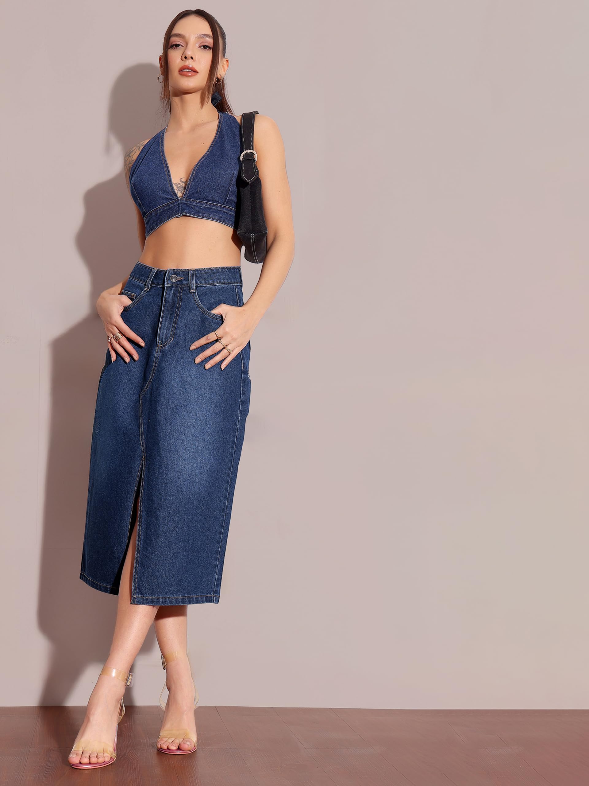Miss Chase Gonna midi da donna in denim non elasticizzato a vita alta