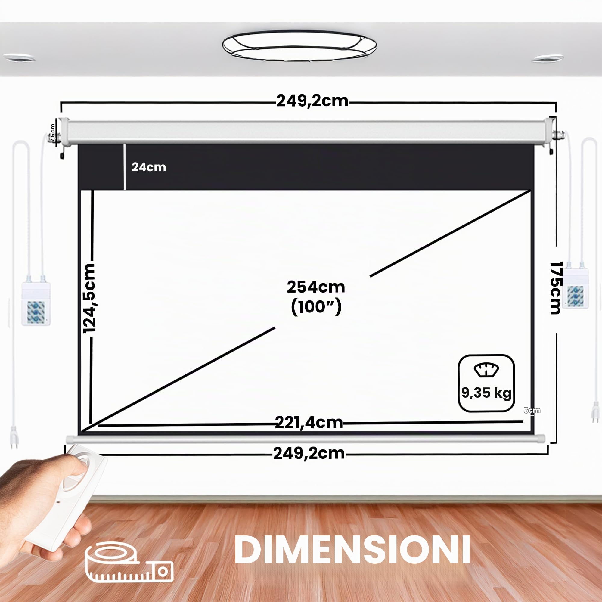 Schermo proiettore elettrico 100 pollici 16:9 Luxscreen, area visibile 221 x 124 cm, spazio di installazione 250 cm, installazione a parete o a soffitto, con telecomando